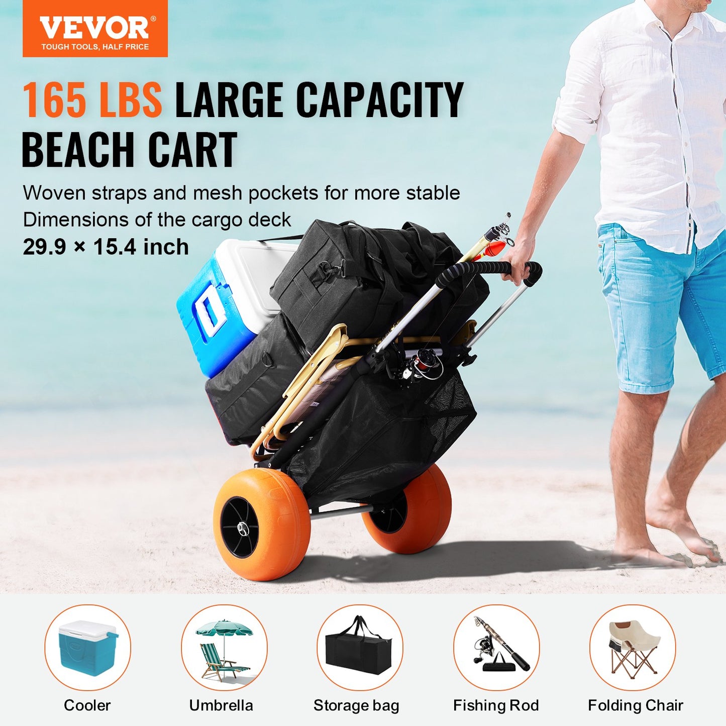 VEVOR Beach Dolly with Big Wheels for Sand, 29.9" x 15.4" Cargo Deck, w/ 12" Foam