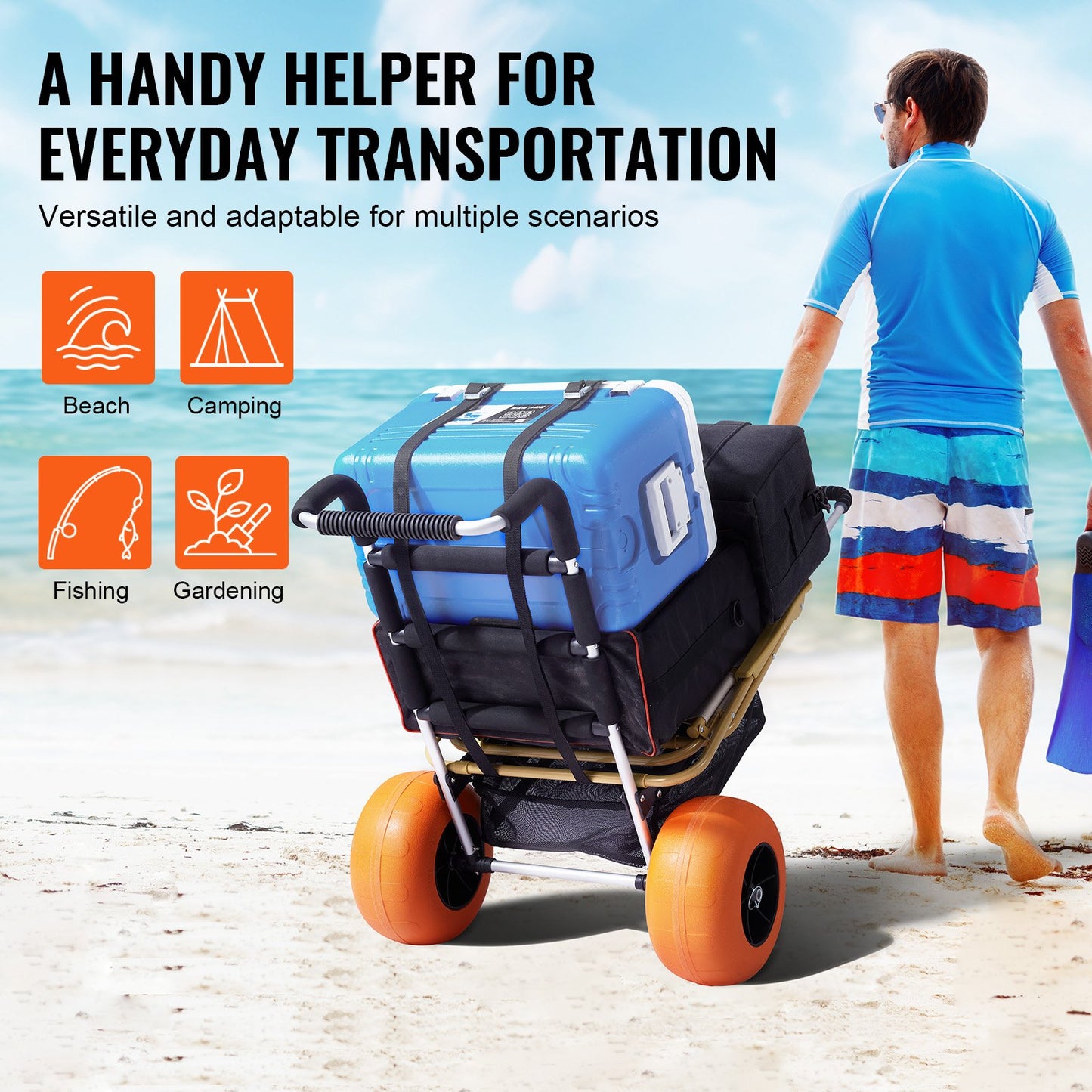 VEVOR Beach Dolly with Big Wheels for Sand, 29.9" x 15.4" Cargo Deck, w/ 12" Foam