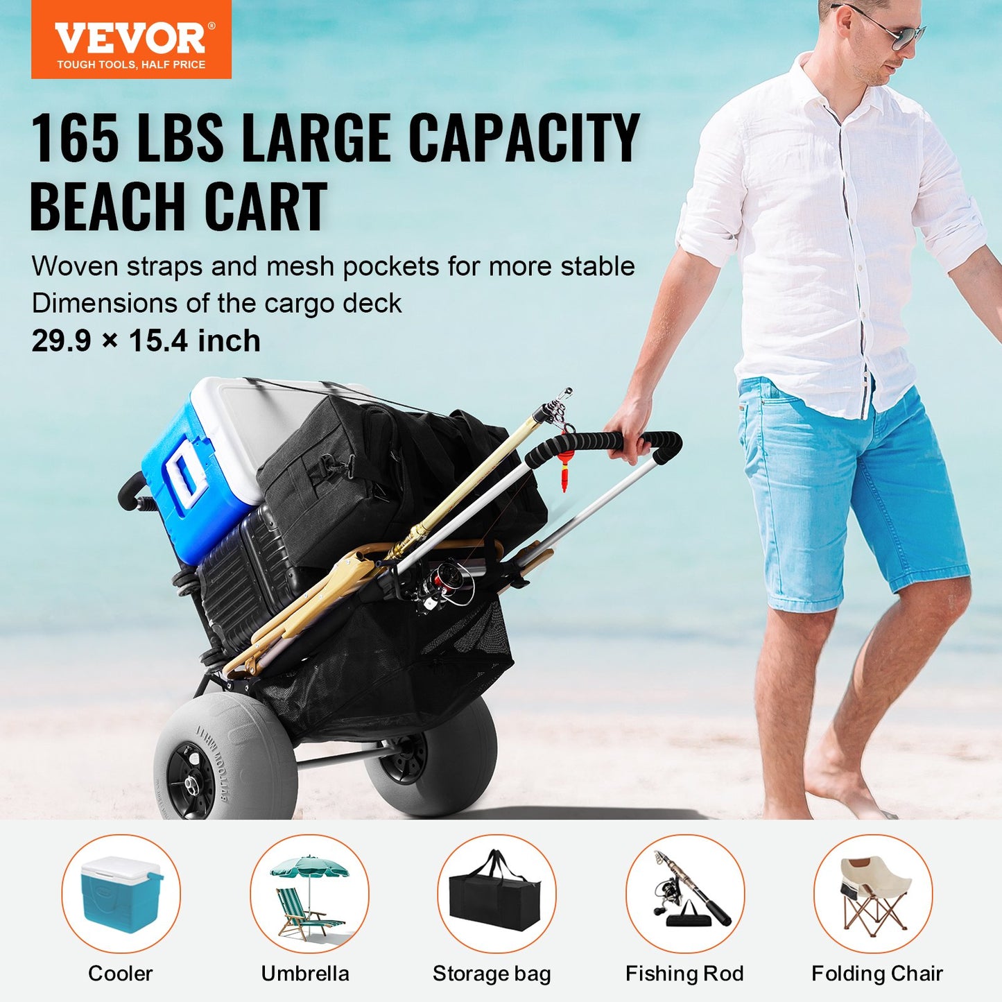 VEVOR Beach Dolly with Big Wheels for Sand, 29.9" x 15.4" Cargo Deck, w/ 12" Balloon