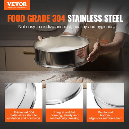 Stainless Steel Flour Sifter, 10-Mesh, 0.4 kg, 0.3 Meter Diameter for Baking