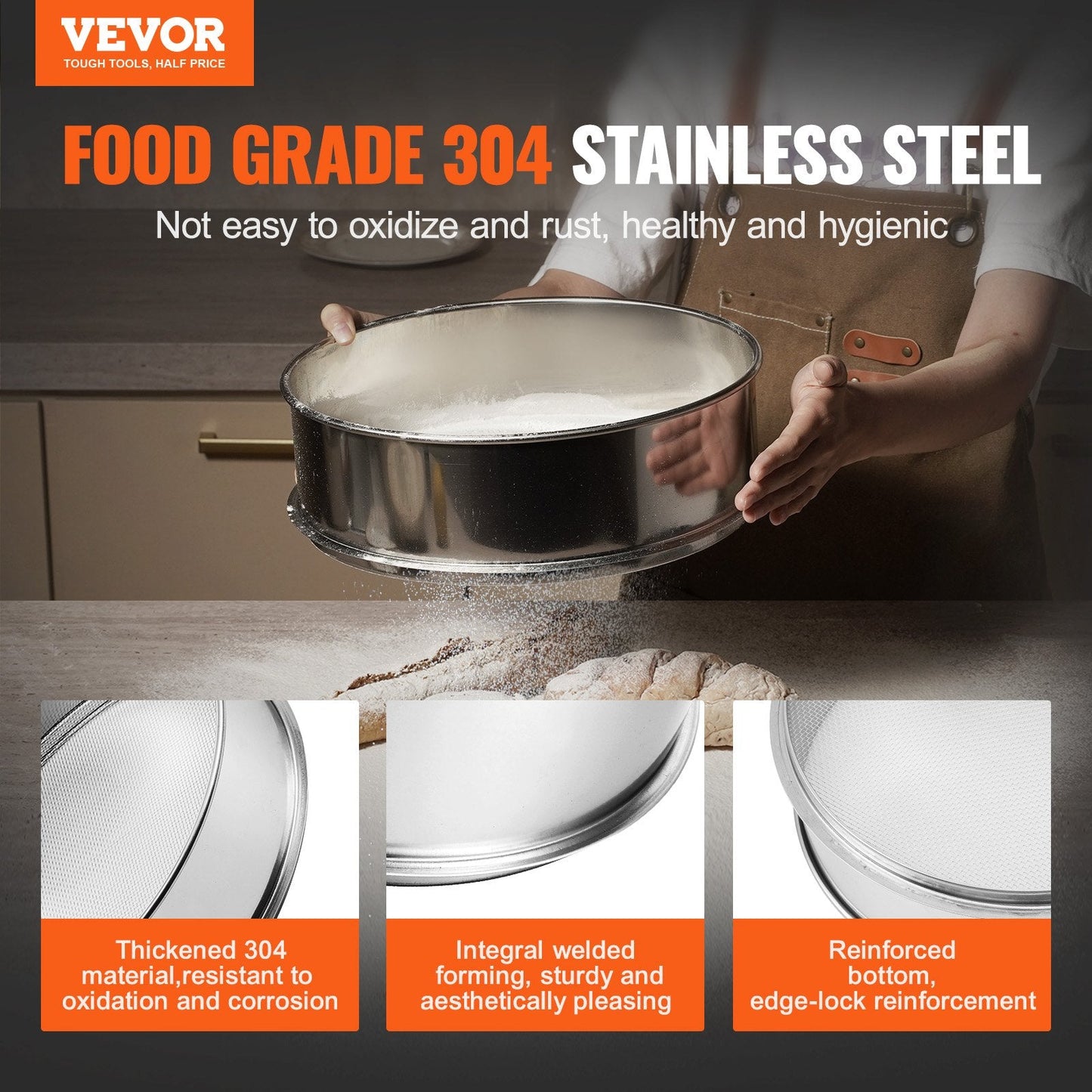 Stainless Steel Flour Sieve 12 Mesh for Baking, 0.32m Diameter, 0.4 kg Weight