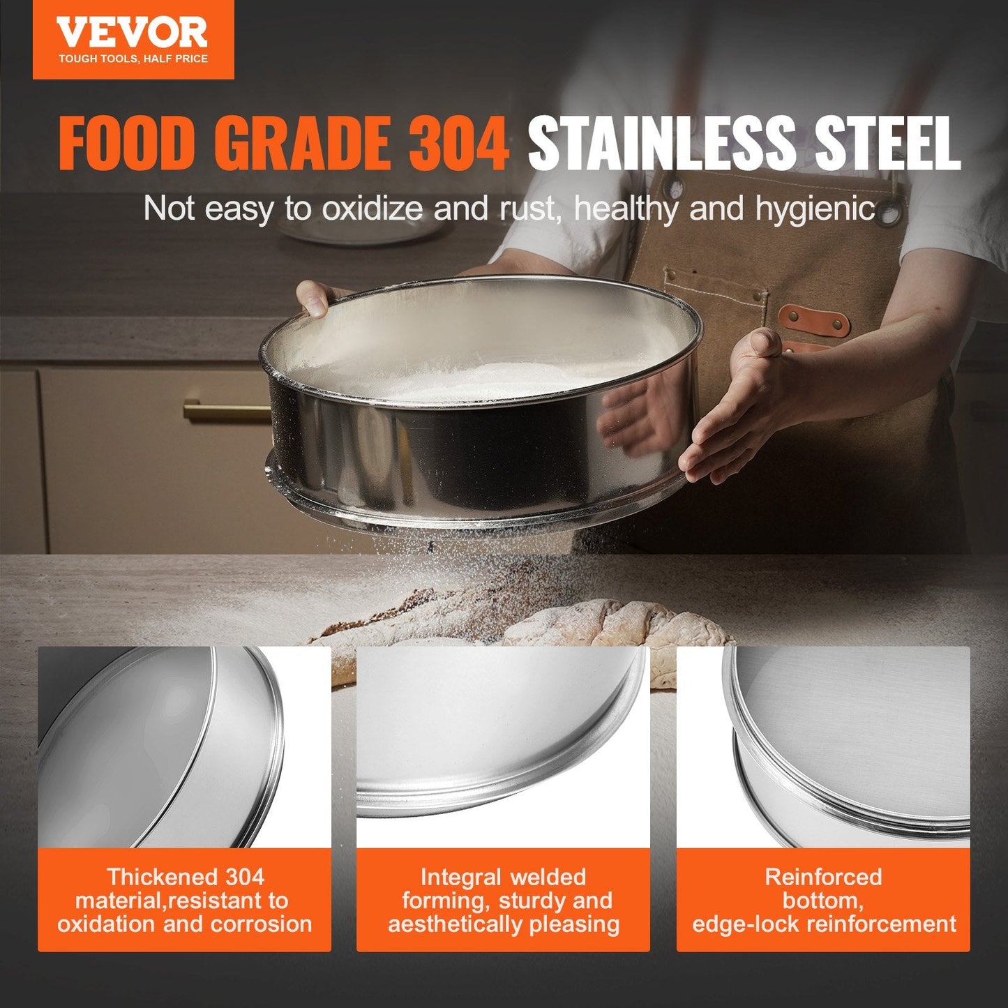 Stainless Steel Fine Mesh Flour Sifter, 0.32m Diameter for Baking and Sieving