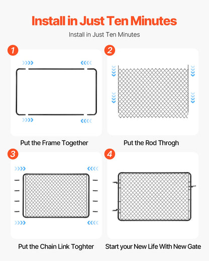 Chain Link Fence Gate, 183 x 122 cm, Adjustable Chain Link Fence Panel, Fit 67-183 cm (W) x 183 cm (H) Garden Fence Gate Opening, Fencing Gate with Plastic Coating, for Farm Black, Posts Not Included