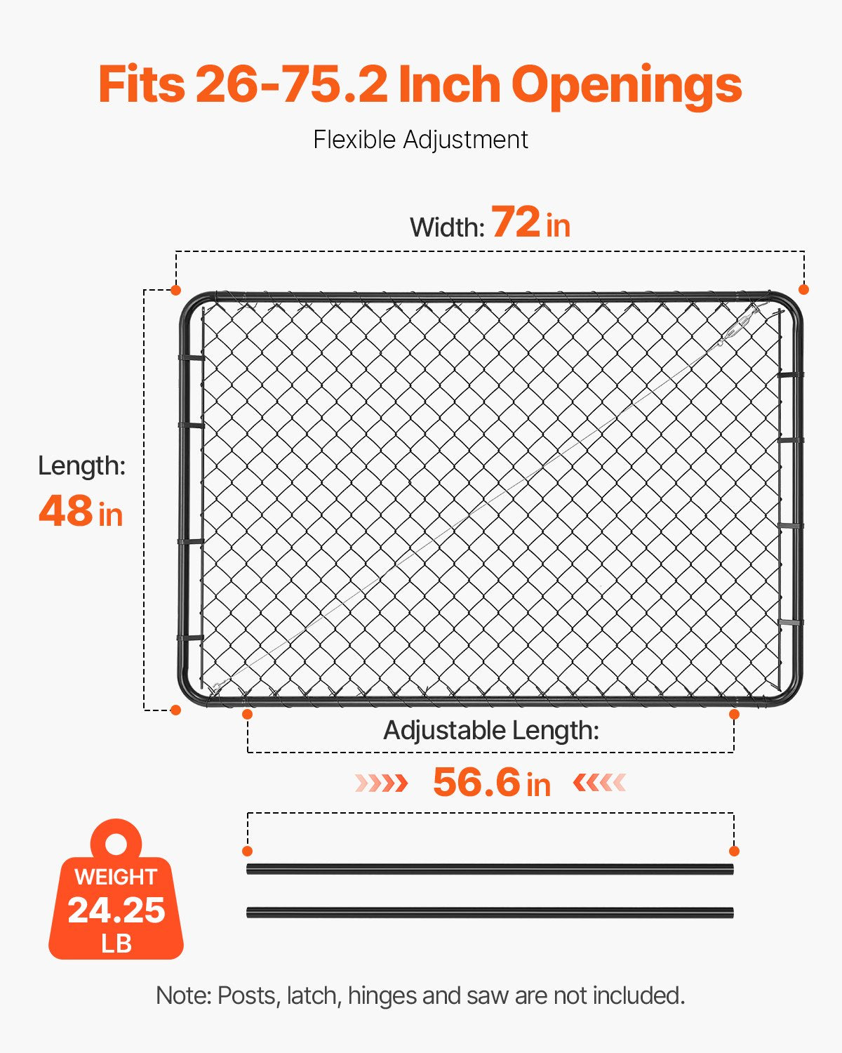 Chain Link Fence Gate, 183 x 122 cm, Adjustable Chain Link Fence Panel, Fit 67-183 cm (W) x 183 cm (H) Garden Fence Gate Opening, Fencing Gate with Plastic Coating, for Farm Black, Posts Not Included