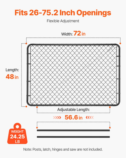 Chain Link Fence Gate, 183 x 122 cm, Adjustable Chain Link Fence Panel, Fit 67-183 cm (W) x 183 cm (H) Garden Fence Gate Opening, Fencing Gate with Plastic Coating, for Farm Black, Posts Not Included