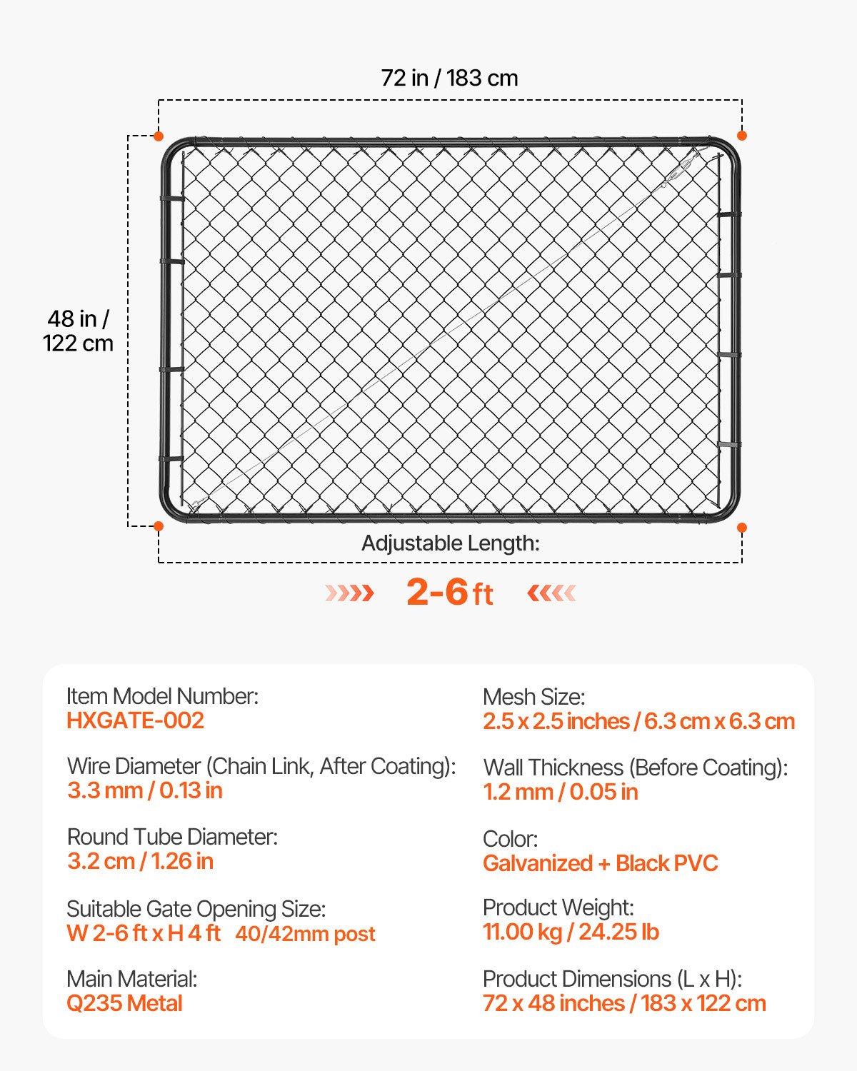 Chain Link Fence Gate, 183 x 122 cm, Adjustable Chain Link Fence Panel, Fit 67-183 cm (W) x 183 cm (H) Garden Fence Gate Opening, Fencing Gate with Plastic Coating, for Farm Black, Posts Not Included