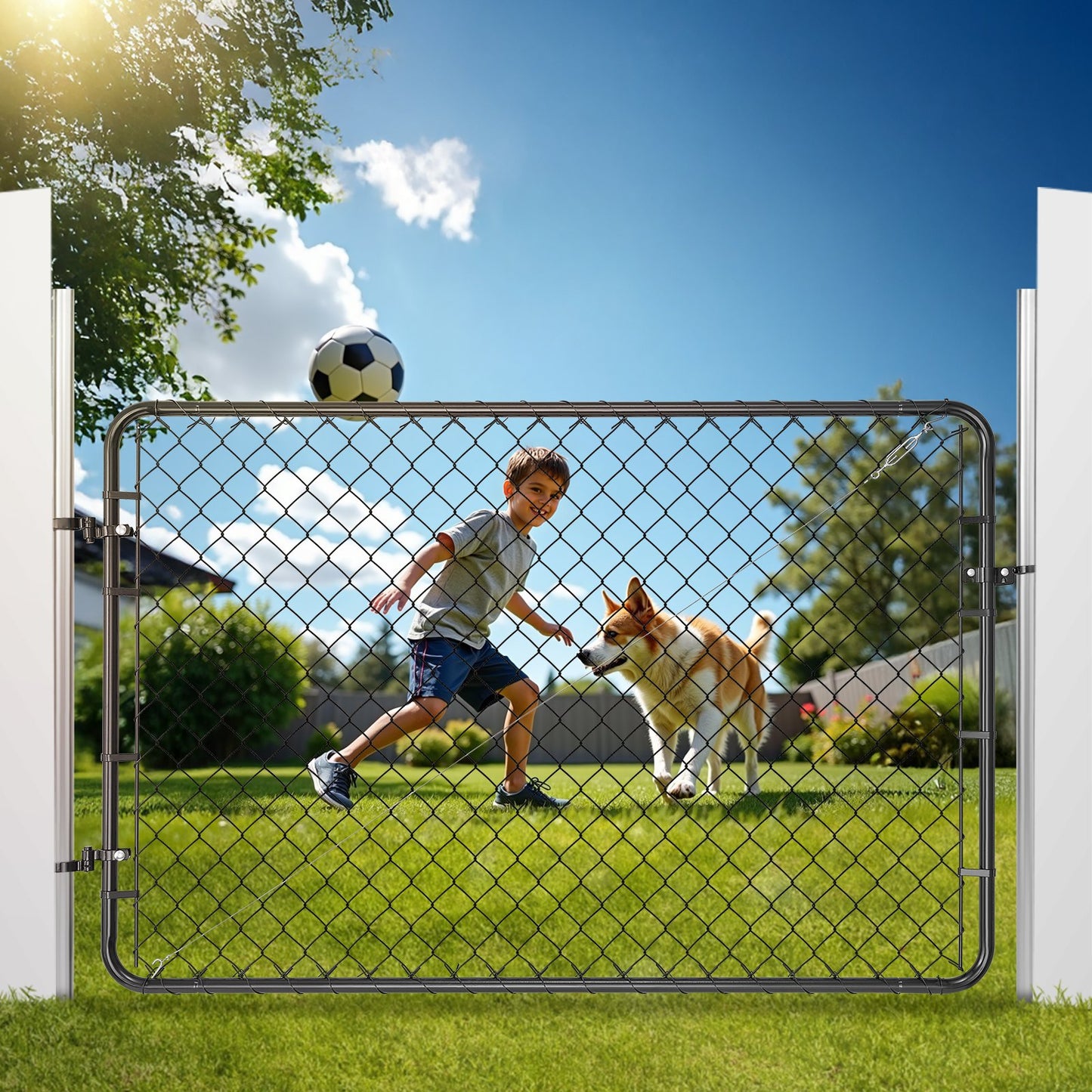 Chain Link Fence Gate, 183 x 122 cm, Adjustable Chain Link Fence Panel, Fit 67-183 cm (W) x 183 cm (H) Garden Fence Gate Opening, Fencing Gate with Plastic Coating, for Farm Black, Posts Not Included