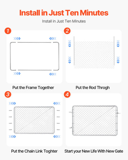 Chain Link Fence Gate, 183 x 122 cm, Adjustable Chain Link Fence Panel, Fit 67-183 cm (W) x 183 cm (H) Garden Fence Gate Opening, Rust-Resistant Galvanized Fencing Gate for Farm, Posts Not Included