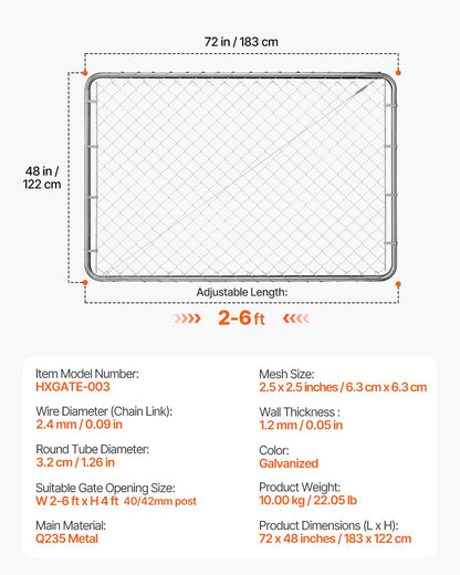 Chain Link Fence Gate, 183 x 122 cm, Adjustable Chain Link Fence Panel, Fit 67-183 cm (W) x 183 cm (H) Garden Fence Gate Opening, Rust-Resistant Galvanized Fencing Gate for Farm, Posts Not Included