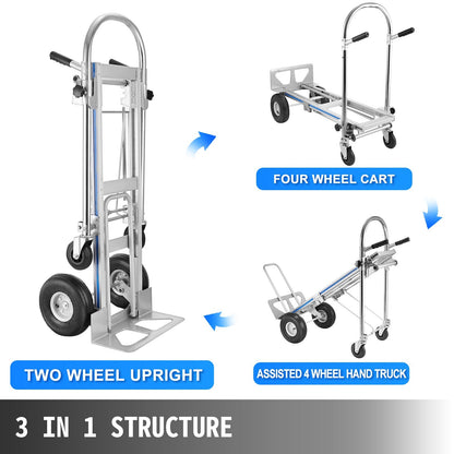 Aluminum 3-in-1 Folding Hand Truck & Dolly with 250kg Capacity, 10" Pneumatic Tires