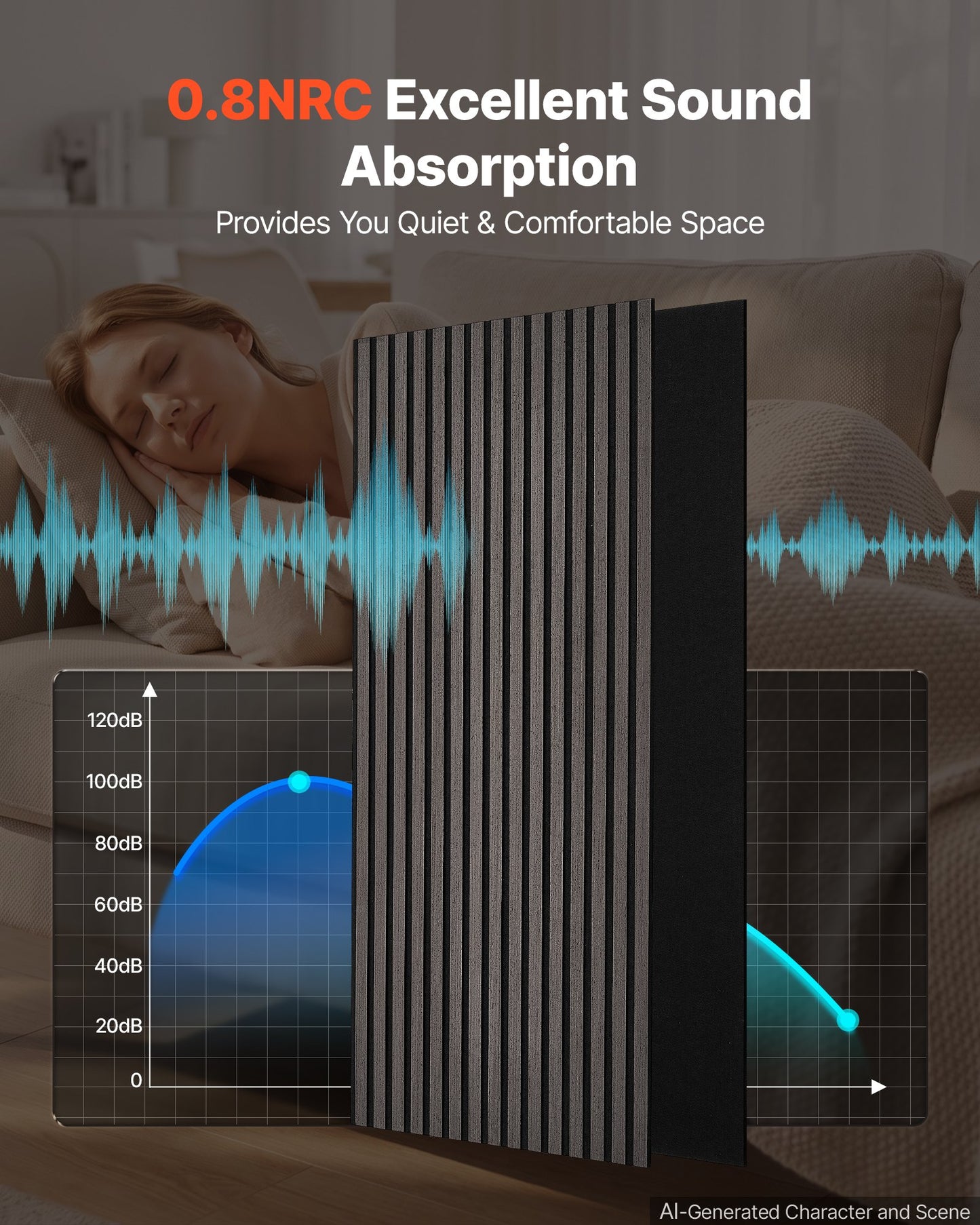 Wood Wall Panels, 1200 x 600 mm, Acoustic Slat Panels, Black Gray, Sound Absorbing for Living Rooms, Bedrooms, Offices, and Studios, Interior Wall Decor, PET Construction, Screw Kit, 8-Pack