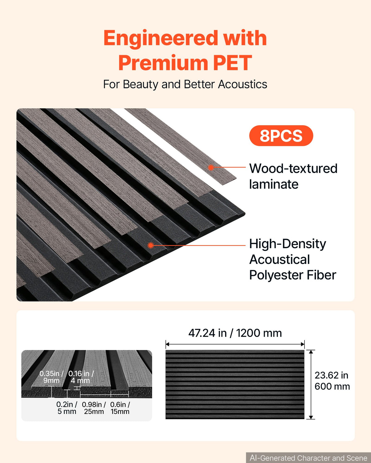Wood Wall Panels, 1200 x 600 mm, Acoustic Slat Panels, Black Gray, Sound Absorbing for Living Rooms, Bedrooms, Offices, and Studios, Interior Wall Decor, PET Construction, Screw Kit, 8-Pack