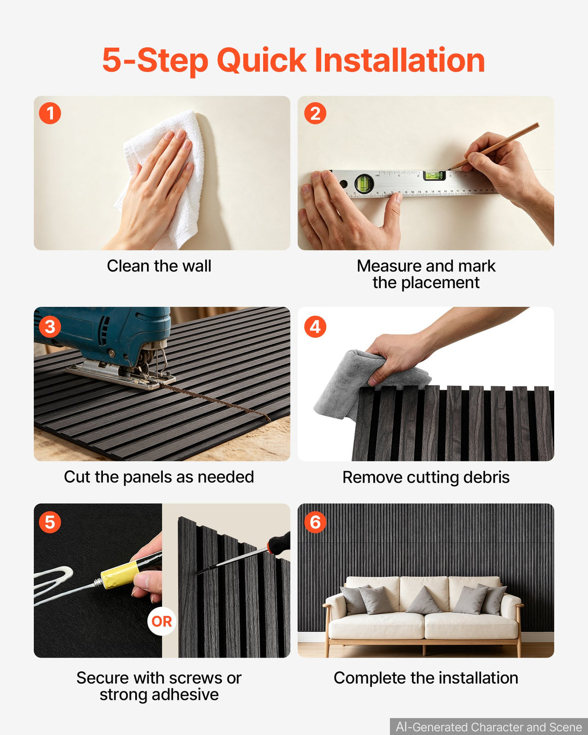 Wood Wall Panels, 1200 x 600 mm, Acoustic Slat Panels, Black Gray, Sound Absorbing for Living Rooms, Bedrooms, Offices, and Studios, Interior Wall Decor, PET Construction, Screw Kit, 8-Pack