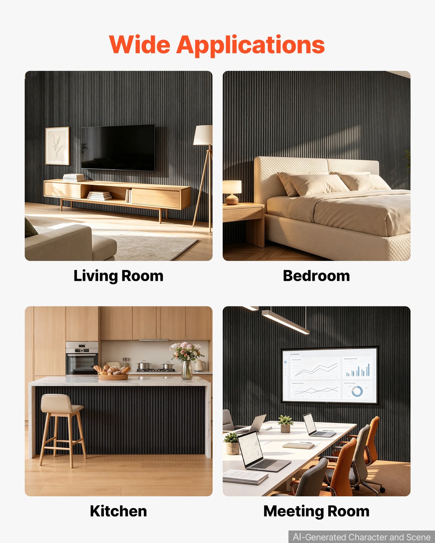 Wood Wall Panels, 1200 x 600 mm, Acoustic Slat Panels, Black Gray, Sound Absorbing for Living Rooms, Bedrooms, Offices, and Studios, Interior Wall Decor, PET Construction, Screw Kit, 8-Pack