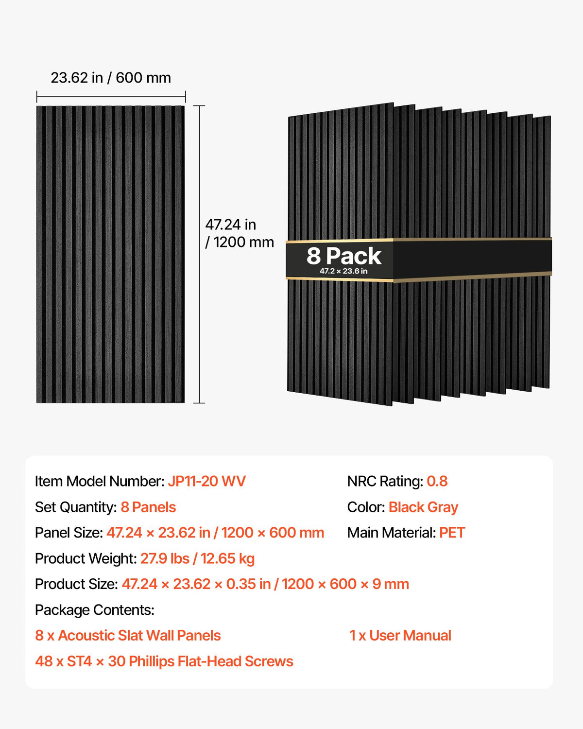 Wood Wall Panels, 1200 x 600 mm, Acoustic Slat Panels, Black Gray, Sound Absorbing for Living Rooms, Bedrooms, Offices, and Studios, Interior Wall Decor, PET Construction, Screw Kit, 8-Pack