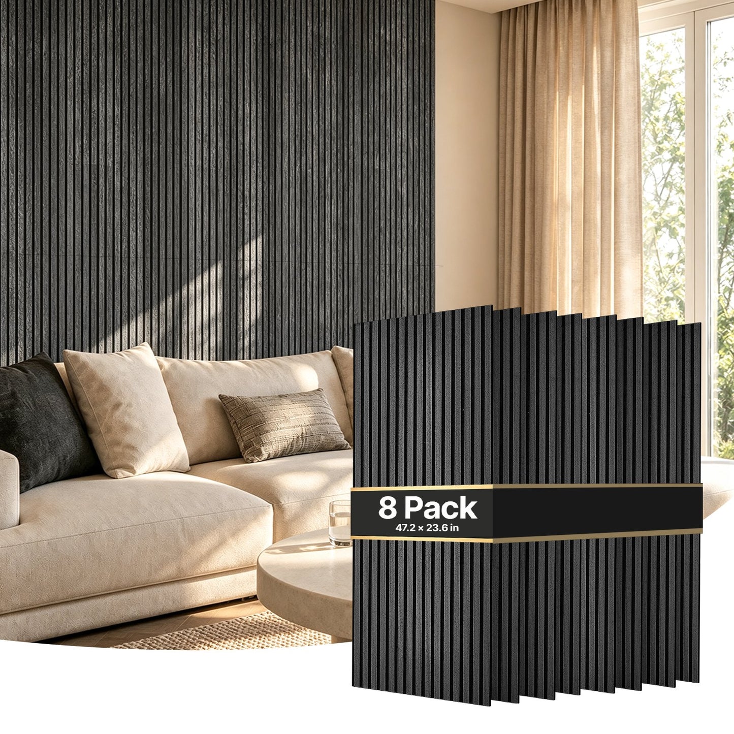 Wood Wall Panels, 1200 x 600 mm, Acoustic Slat Panels, Black Gray, Sound Absorbing for Living Rooms, Bedrooms, Offices, and Studios, Interior Wall Decor, PET Construction, Screw Kit, 8-Pack