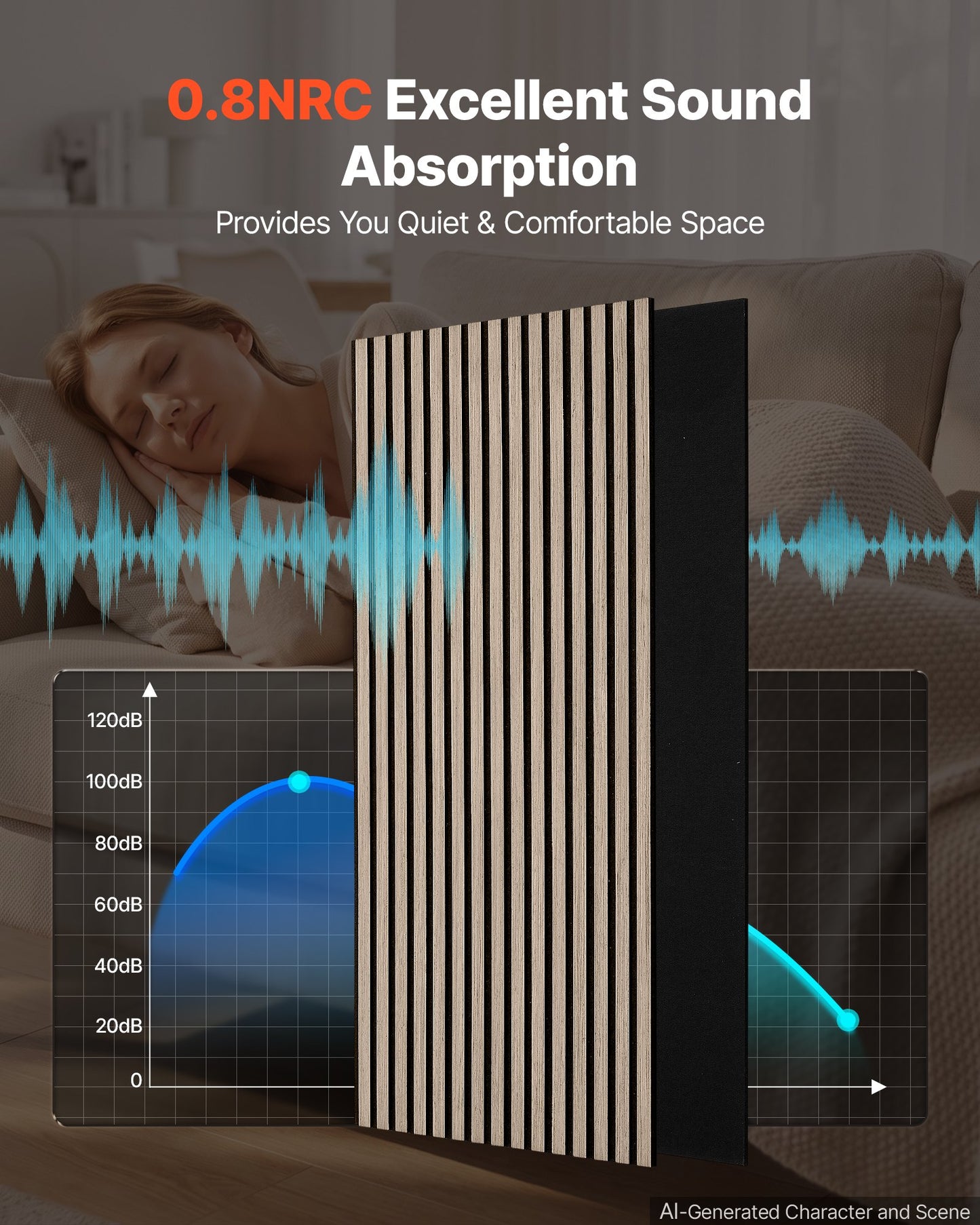 Wood Wall Panels, 1200 x 600 mm, Walnut Acoustic Slat Panels, Sound Absorbing for Living Rooms, Bedrooms, Offices, and Studios, Interior Wall Decor, PET Construction, Screw Kit, 8-Pack
