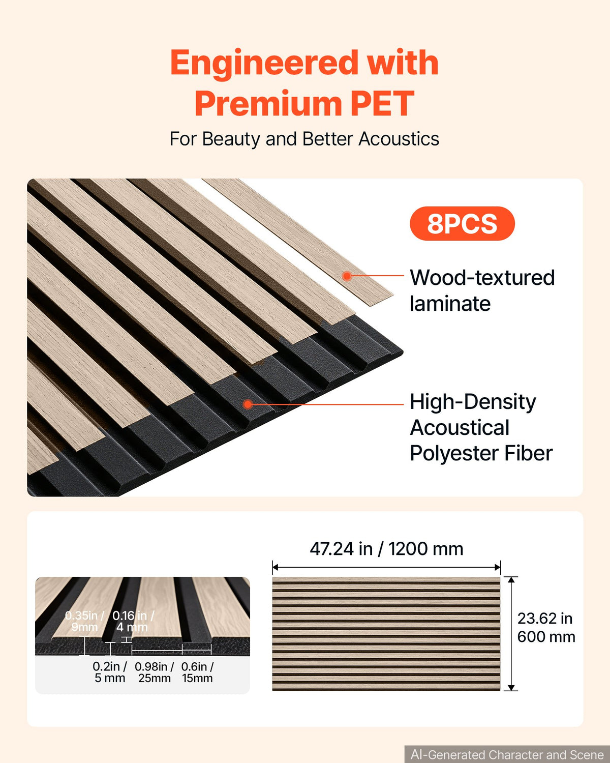 Wood Wall Panels, 1200 x 600 mm, Walnut Acoustic Slat Panels, Sound Absorbing for Living Rooms, Bedrooms, Offices, and Studios, Interior Wall Decor, PET Construction, Screw Kit, 8-Pack