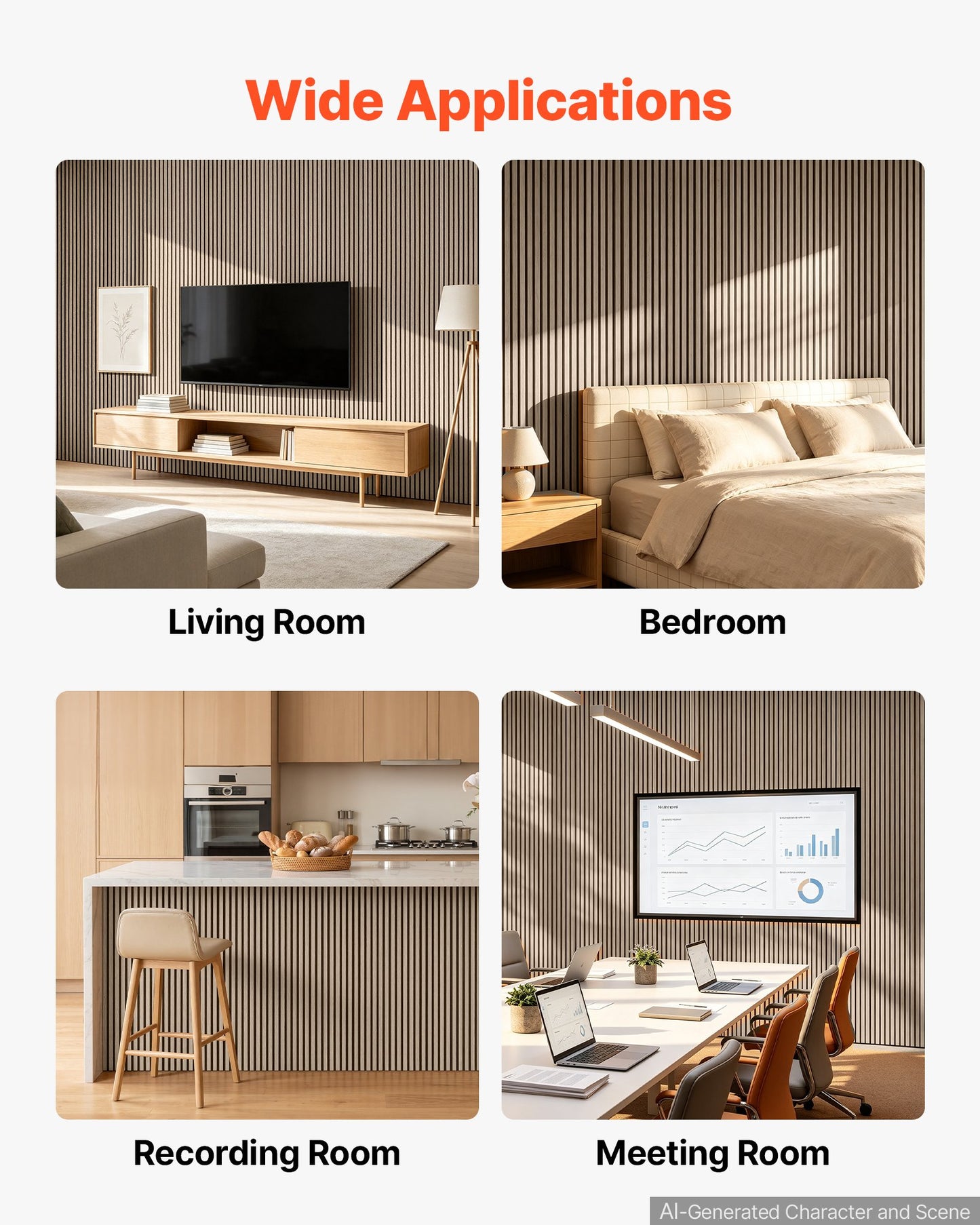 Wood Wall Panels, 1200 x 600 mm, Walnut Acoustic Slat Panels, Sound Absorbing for Living Rooms, Bedrooms, Offices, and Studios, Interior Wall Decor, PET Construction, Screw Kit, 8-Pack
