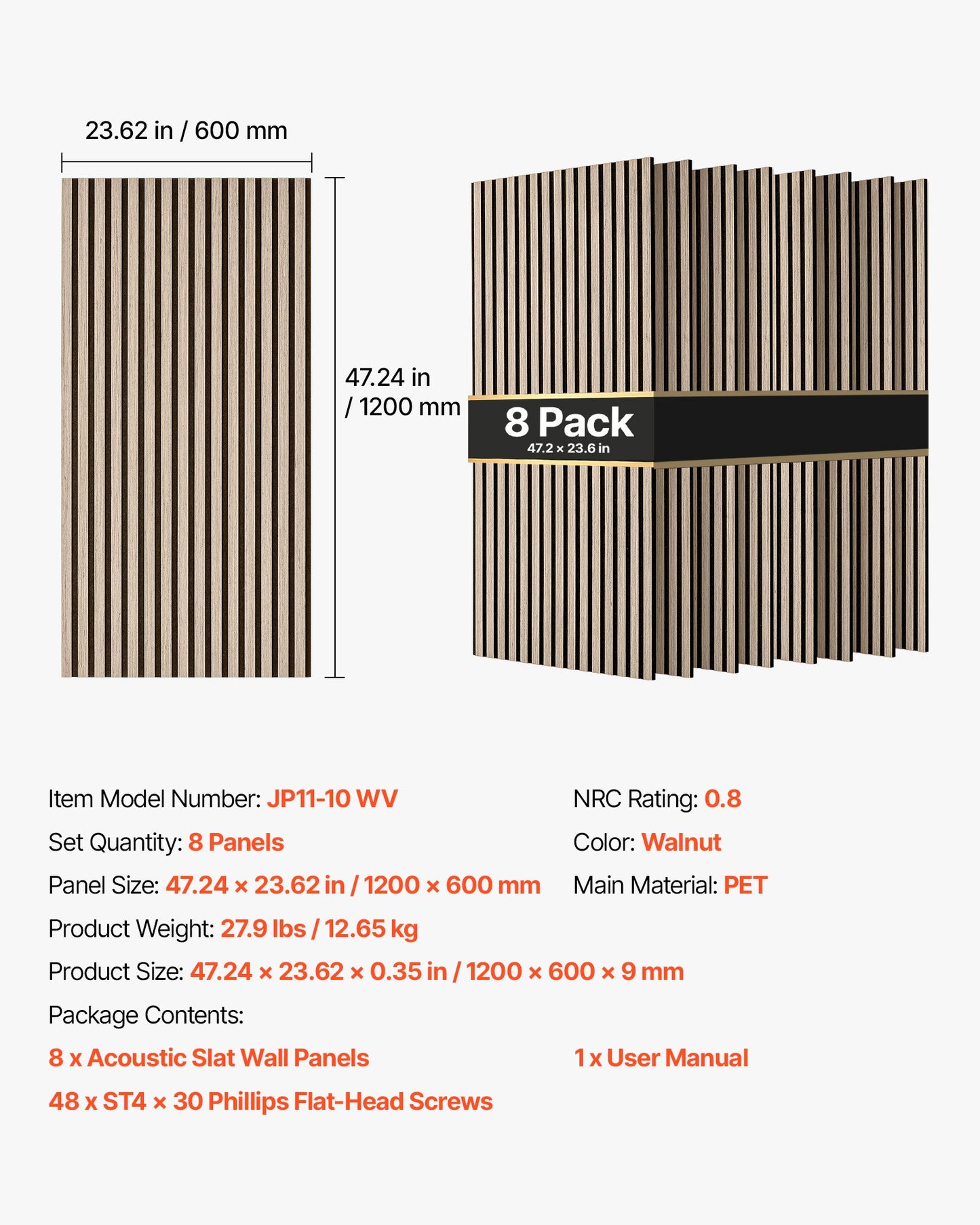 Wood Wall Panels, 1200 x 600 mm, Walnut Acoustic Slat Panels, Sound Absorbing for Living Rooms, Bedrooms, Offices, and Studios, Interior Wall Decor, PET Construction, Screw Kit, 8-Pack