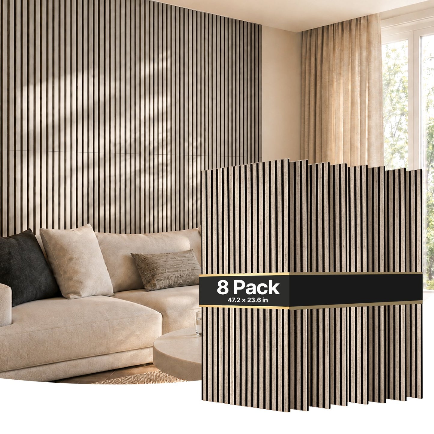 Wood Wall Panels, 1200 x 600 mm, Walnut Acoustic Slat Panels, Sound Absorbing for Living Rooms, Bedrooms, Offices, and Studios, Interior Wall Decor, PET Construction, Screw Kit, 8-Pack