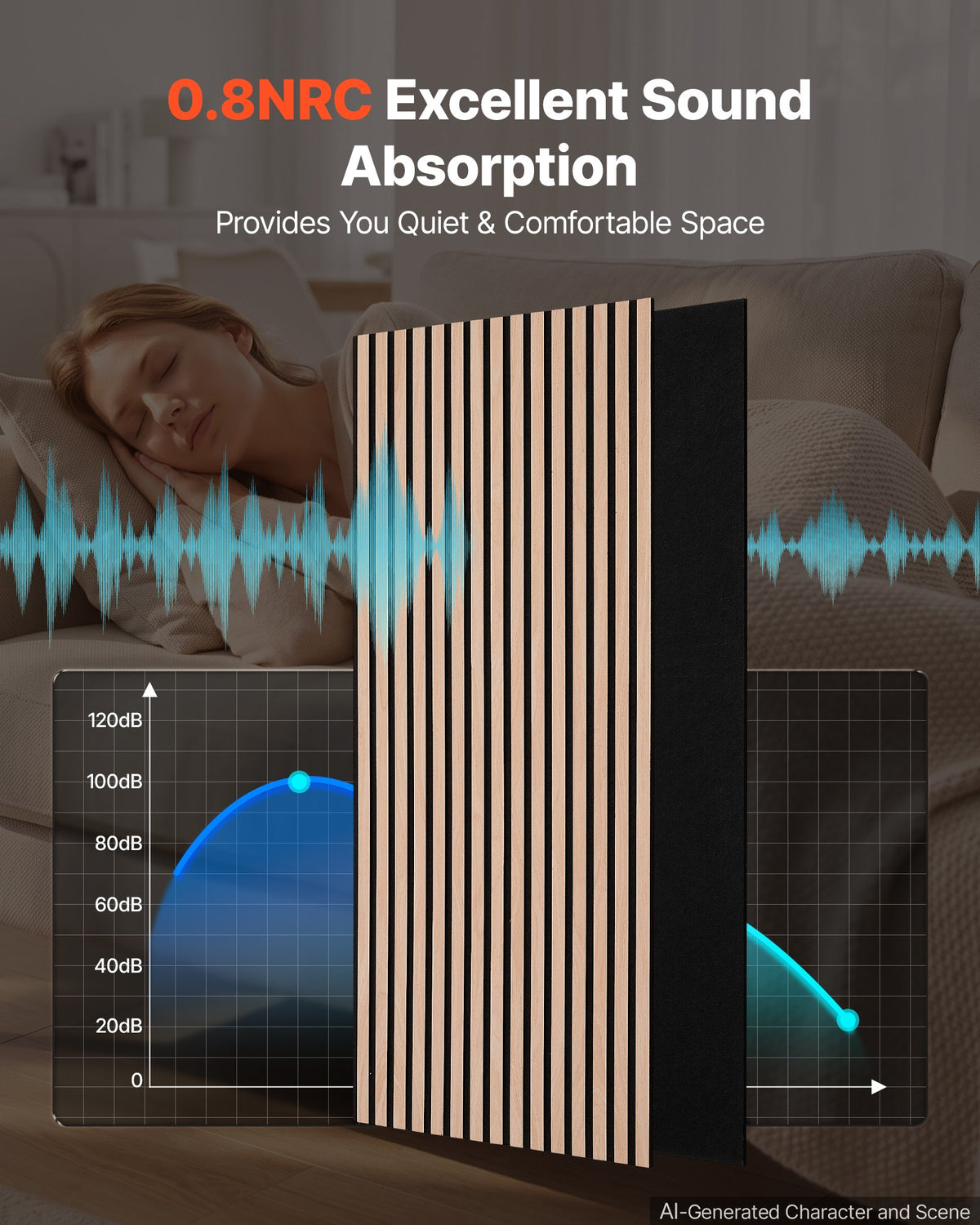 Wood Wall Panels, 1200 x 600 mm, Oak Acoustic Slat Panels, Sound Absorbing for Living Rooms, Bedrooms, Offices, and Studios, Interior Wall Decor, PET Construction, Screw Kit, 8-Pack