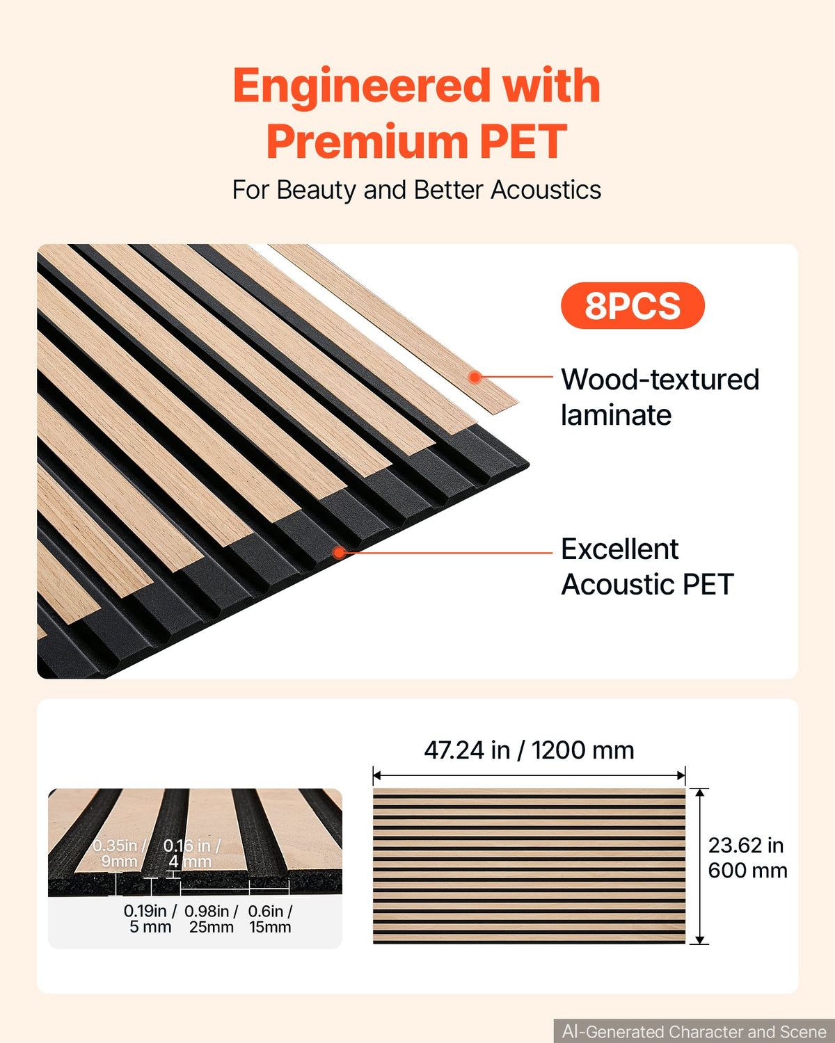 Wood Wall Panels, 1200 x 600 mm, Oak Acoustic Slat Panels, Sound Absorbing for Living Rooms, Bedrooms, Offices, and Studios, Interior Wall Decor, PET Construction, Screw Kit, 8-Pack