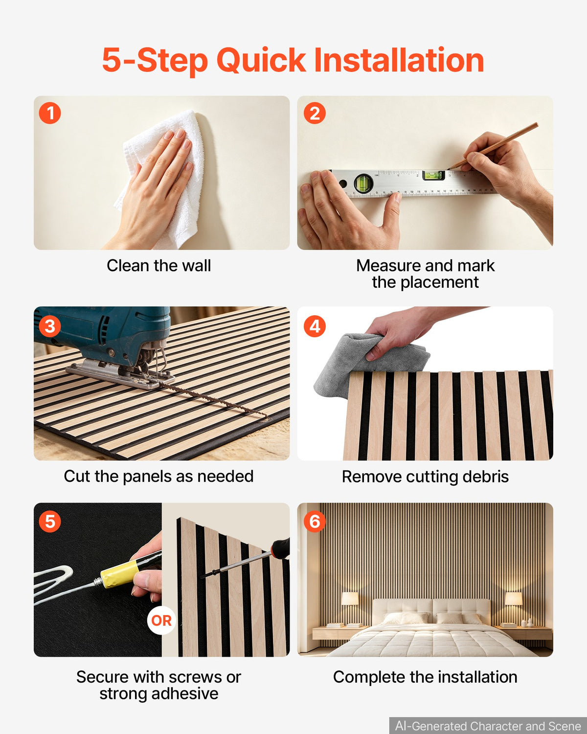 Wood Wall Panels, 1200 x 600 mm, Oak Acoustic Slat Panels, Sound Absorbing for Living Rooms, Bedrooms, Offices, and Studios, Interior Wall Decor, PET Construction, Screw Kit, 8-Pack
