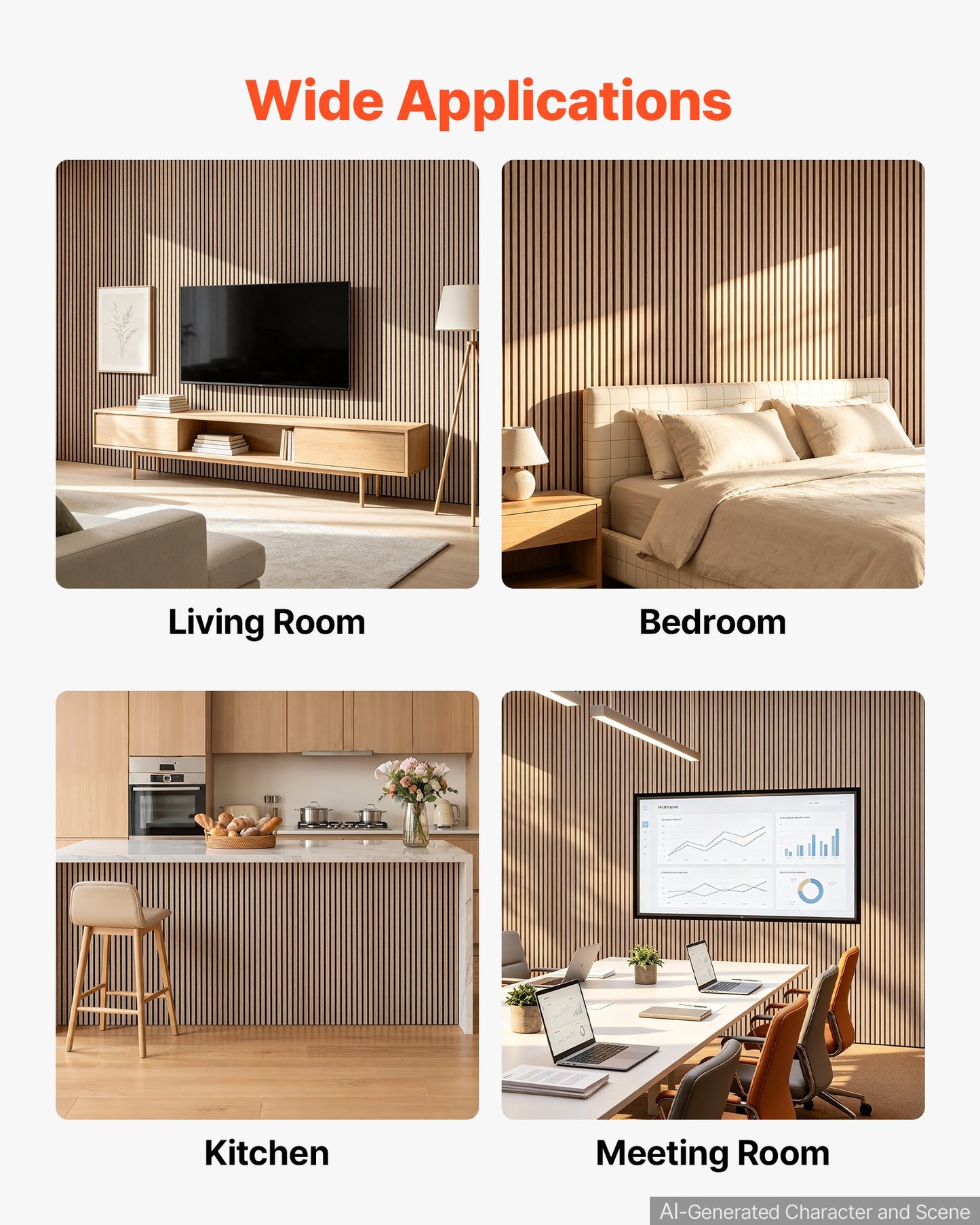 Wood Wall Panels, 1200 x 600 mm, Oak Acoustic Slat Panels, Sound Absorbing for Living Rooms, Bedrooms, Offices, and Studios, Interior Wall Decor, PET Construction, Screw Kit, 8-Pack