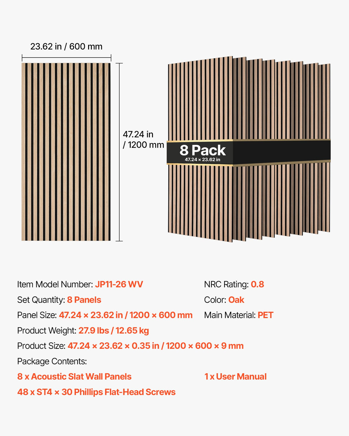 Wood Wall Panels, 1200 x 600 mm, Oak Acoustic Slat Panels, Sound Absorbing for Living Rooms, Bedrooms, Offices, and Studios, Interior Wall Decor, PET Construction, Screw Kit, 8-Pack