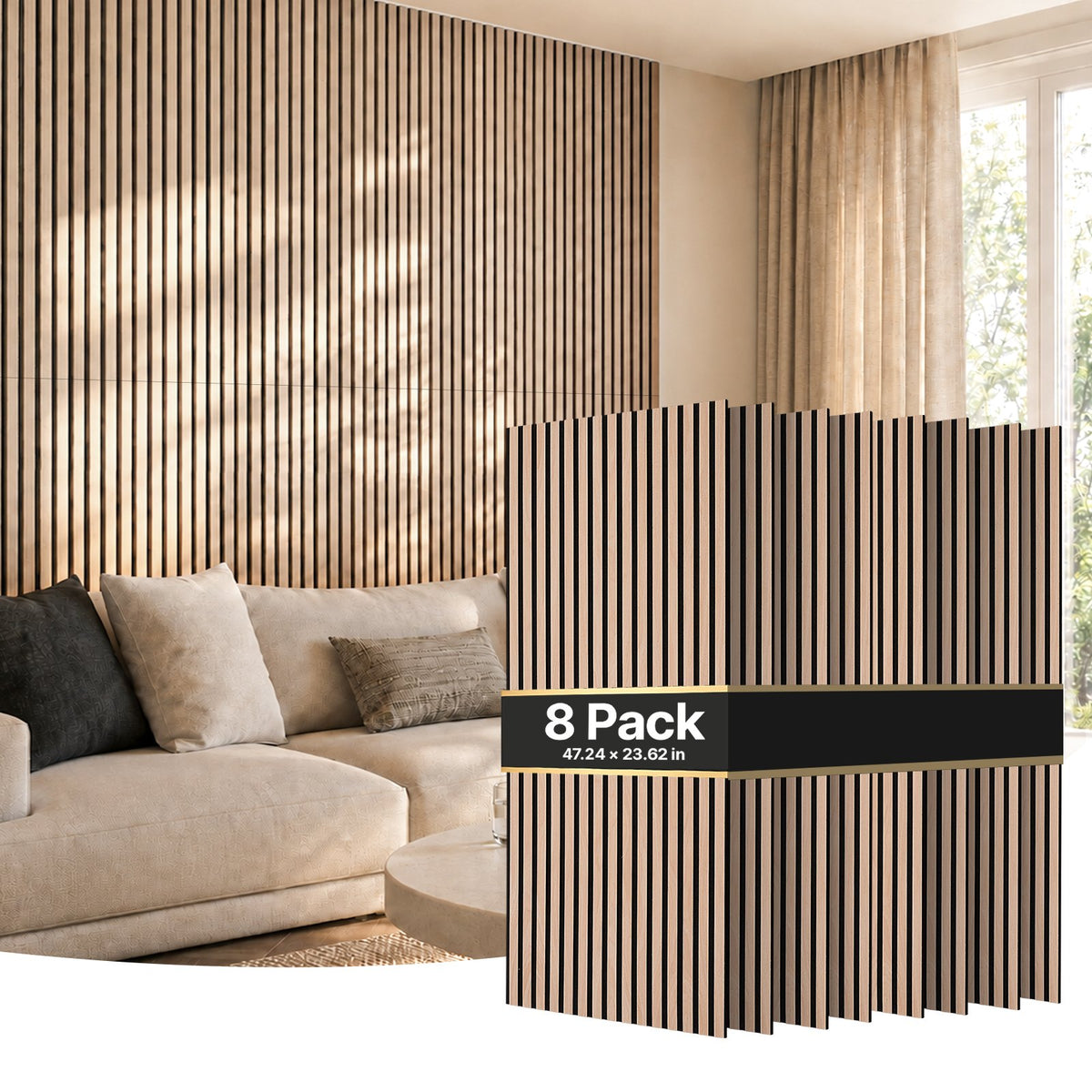 Wood Wall Panels, 1200 x 600 mm, Oak Acoustic Slat Panels, Sound Absorbing for Living Rooms, Bedrooms, Offices, and Studios, Interior Wall Decor, PET Construction, Screw Kit, 8-Pack