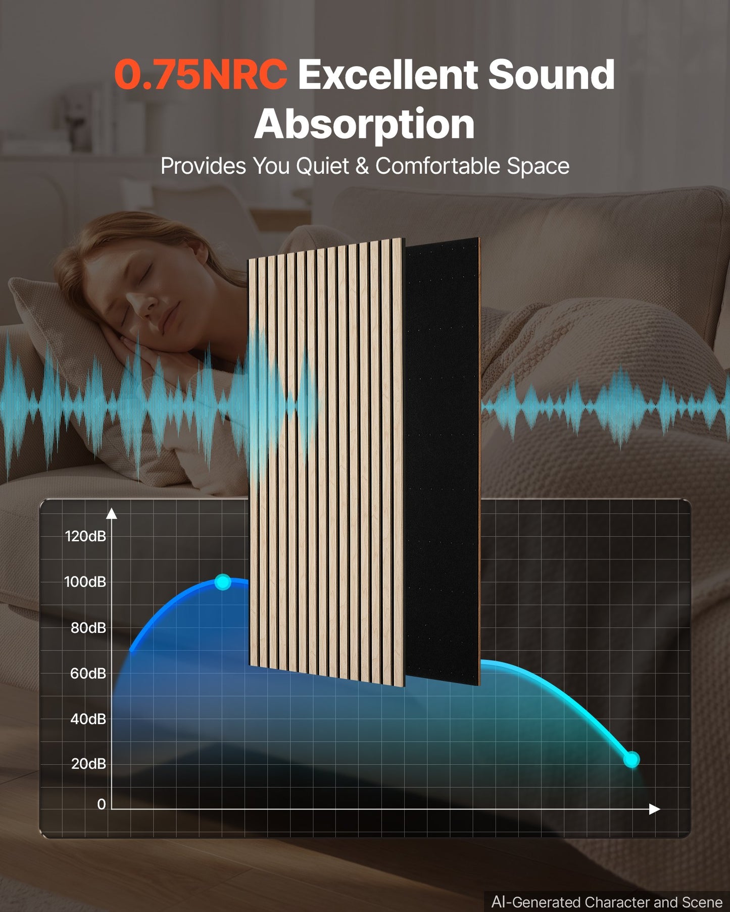 Wood Wall Panels, 1200 x 600 mm, Acoustic Slat Panels, Oak Finish, Sound Absorbing for Living Rooms, Bedrooms, Offices, Studios, Interior Wall Decor, MDF & PET Construction, Screw Kit, 6-Pack