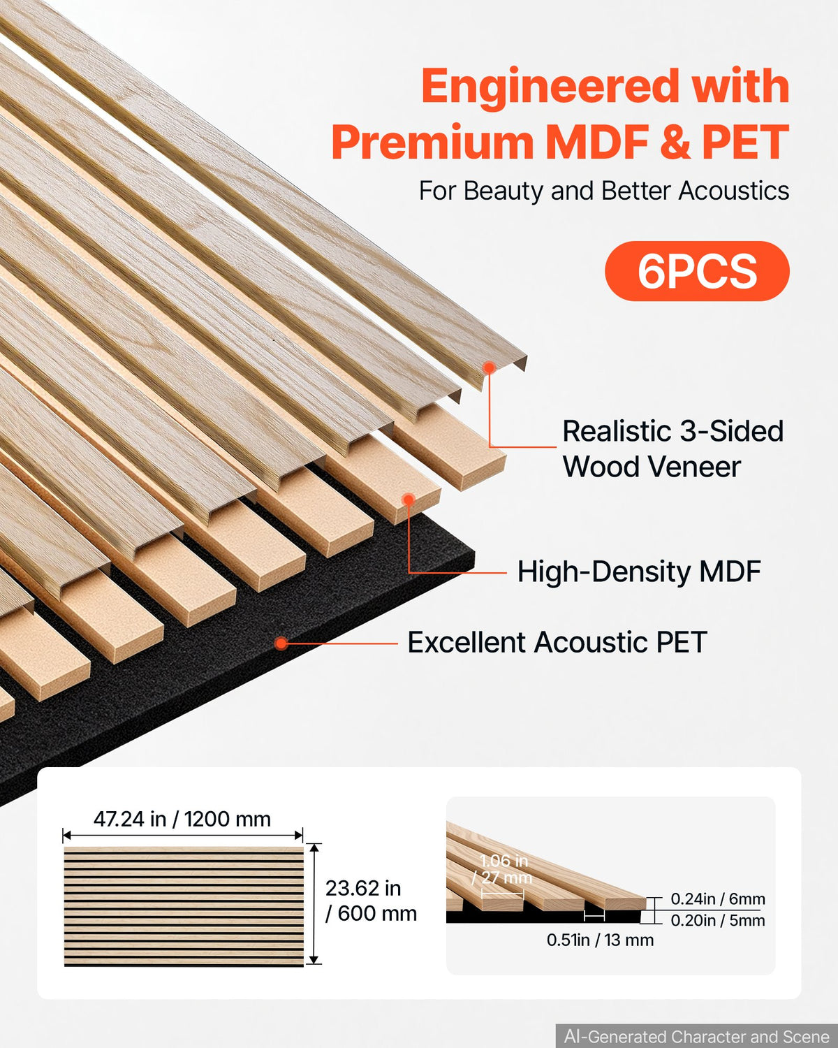 Wood Wall Panels, 1200 x 600 mm, Acoustic Slat Panels, Oak Finish, Sound Absorbing for Living Rooms, Bedrooms, Offices, Studios, Interior Wall Decor, MDF & PET Construction, Screw Kit, 6-Pack