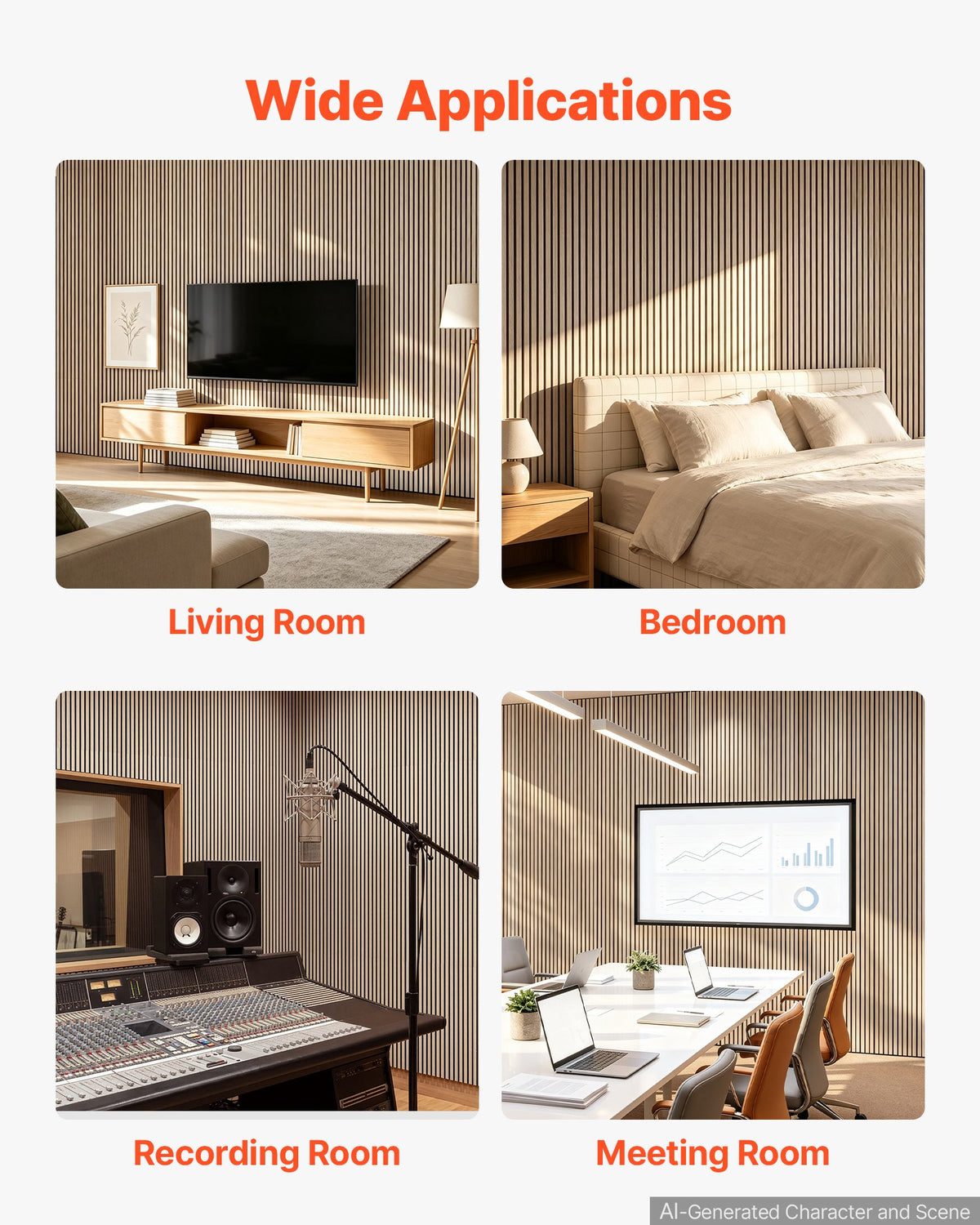 Wood Wall Panels, 1200 x 600 mm, Acoustic Slat Panels, Oak Finish, Sound Absorbing for Living Rooms, Bedrooms, Offices, Studios, Interior Wall Decor, MDF & PET Construction, Screw Kit, 6-Pack