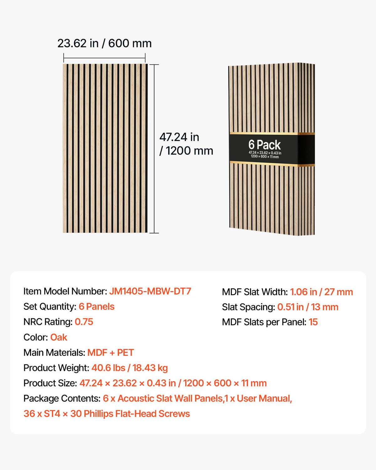 Wood Wall Panels, 1200 x 600 mm, Acoustic Slat Panels, Oak Finish, Sound Absorbing for Living Rooms, Bedrooms, Offices, Studios, Interior Wall Decor, MDF & PET Construction, Screw Kit, 6-Pack