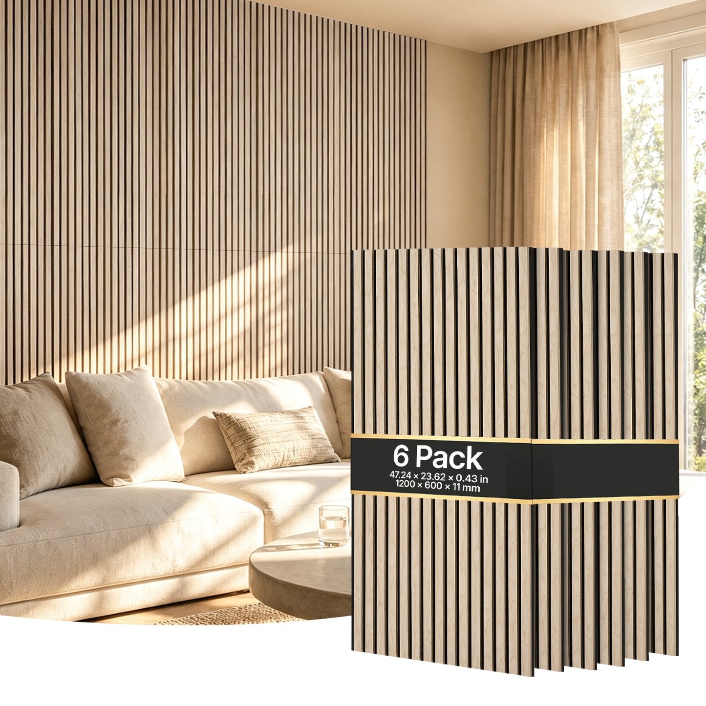 Wood Wall Panels, 1200 x 600 mm, Acoustic Slat Panels, Oak Finish, Sound Absorbing for Living Rooms, Bedrooms, Offices, Studios, Interior Wall Decor, MDF & PET Construction, Screw Kit, 6-Pack