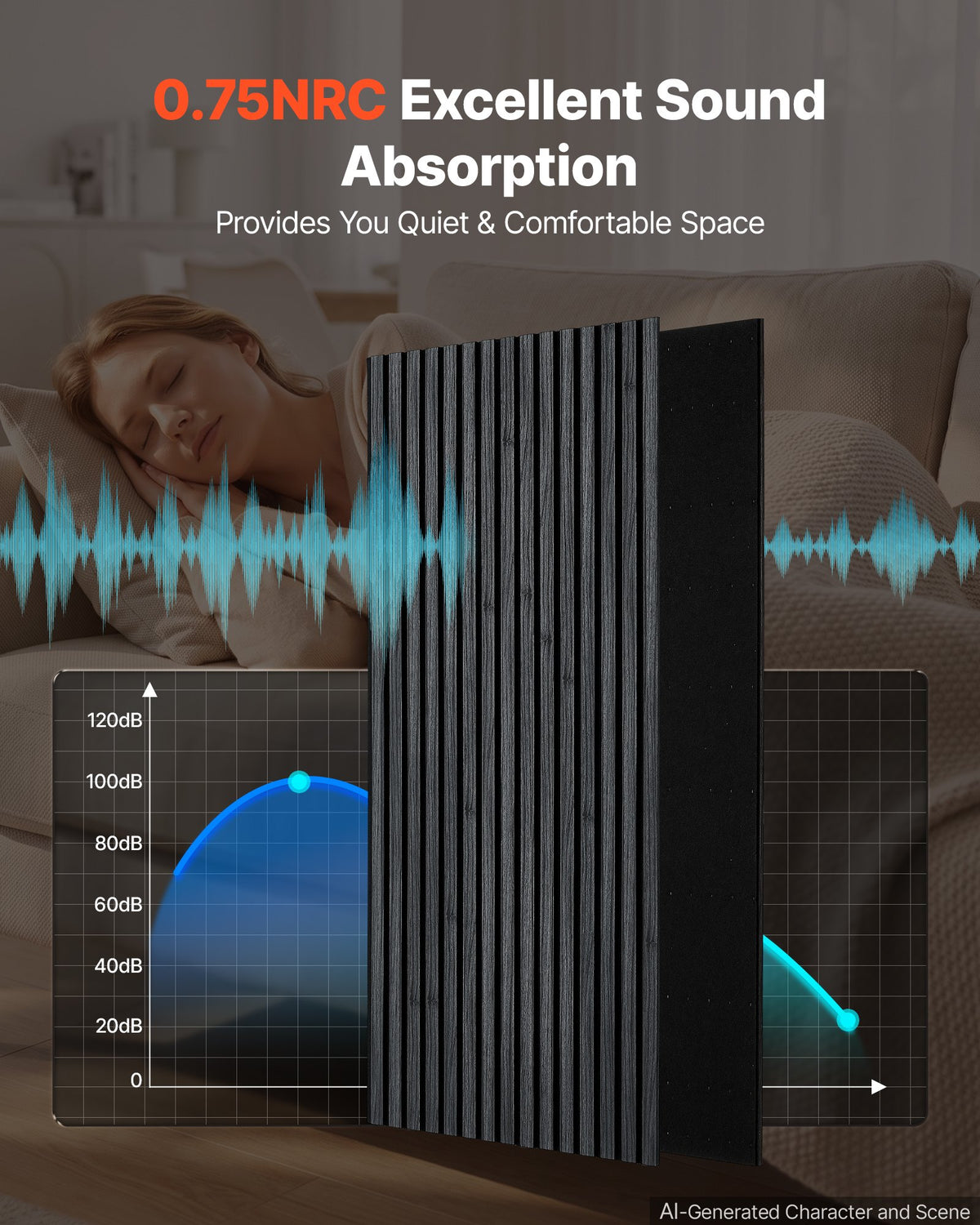 Wood Wall Panels, 1200 x 600 mm, Acoustic Slat Panels, Black Oak, Sound Absorbing for Living Rooms, Bedrooms, Offices, Studios, Interior Wall Decor, MDF & PET Construction, Screw Kit, 6-Pack