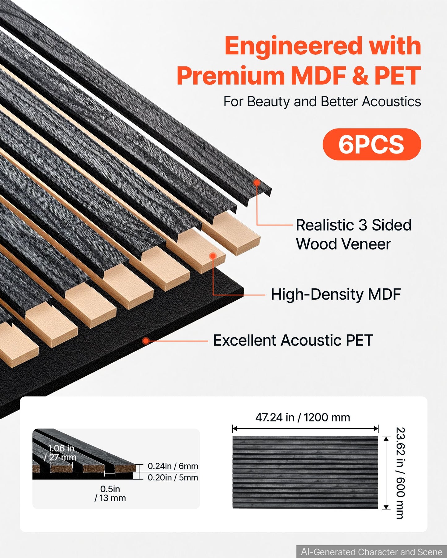 Wood Wall Panels, 1200 x 600 mm, Acoustic Slat Panels, Black Oak, Sound Absorbing for Living Rooms, Bedrooms, Offices, Studios, Interior Wall Decor, MDF & PET Construction, Screw Kit, 6-Pack