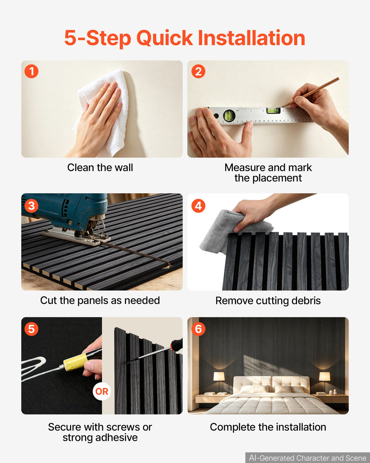 Wood Wall Panels, 1200 x 600 mm, Acoustic Slat Panels, Black Oak, Sound Absorbing for Living Rooms, Bedrooms, Offices, Studios, Interior Wall Decor, MDF & PET Construction, Screw Kit, 6-Pack