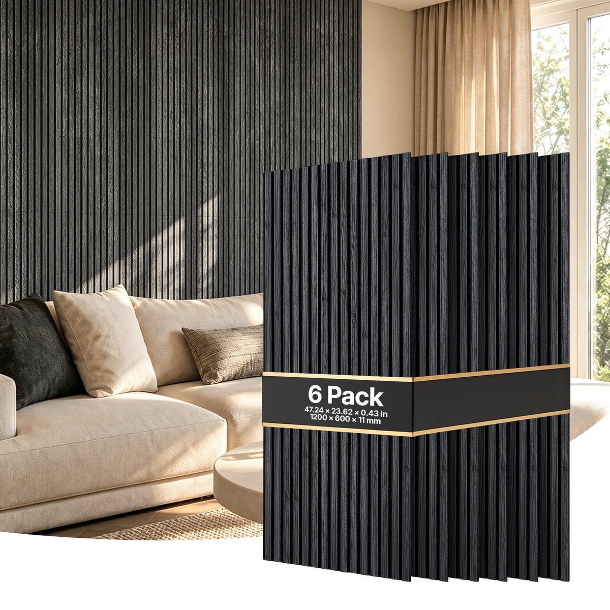 Wood Wall Panels, 1200 x 600 mm, Acoustic Slat Panels, Black Oak, Sound Absorbing for Living Rooms, Bedrooms, Offices, Studios, Interior Wall Decor, MDF & PET Construction, Screw Kit, 6-Pack