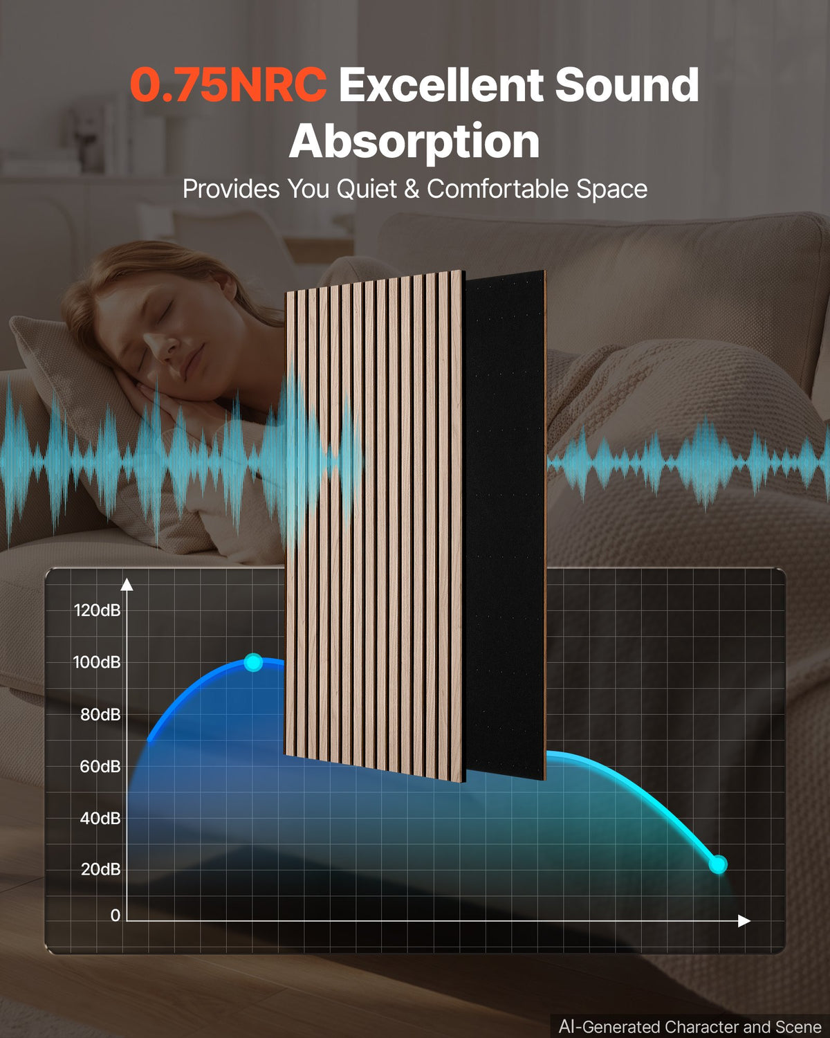 Wood Wall Panels, 1200 x 600 mm, Acoustic Slat Panels, Walnut, Sound Absorbing for Living Rooms, Bedrooms, Offices, Studios, Interior Wall Decor, MDF & PET Construction, Screw Kit, 6-Pack