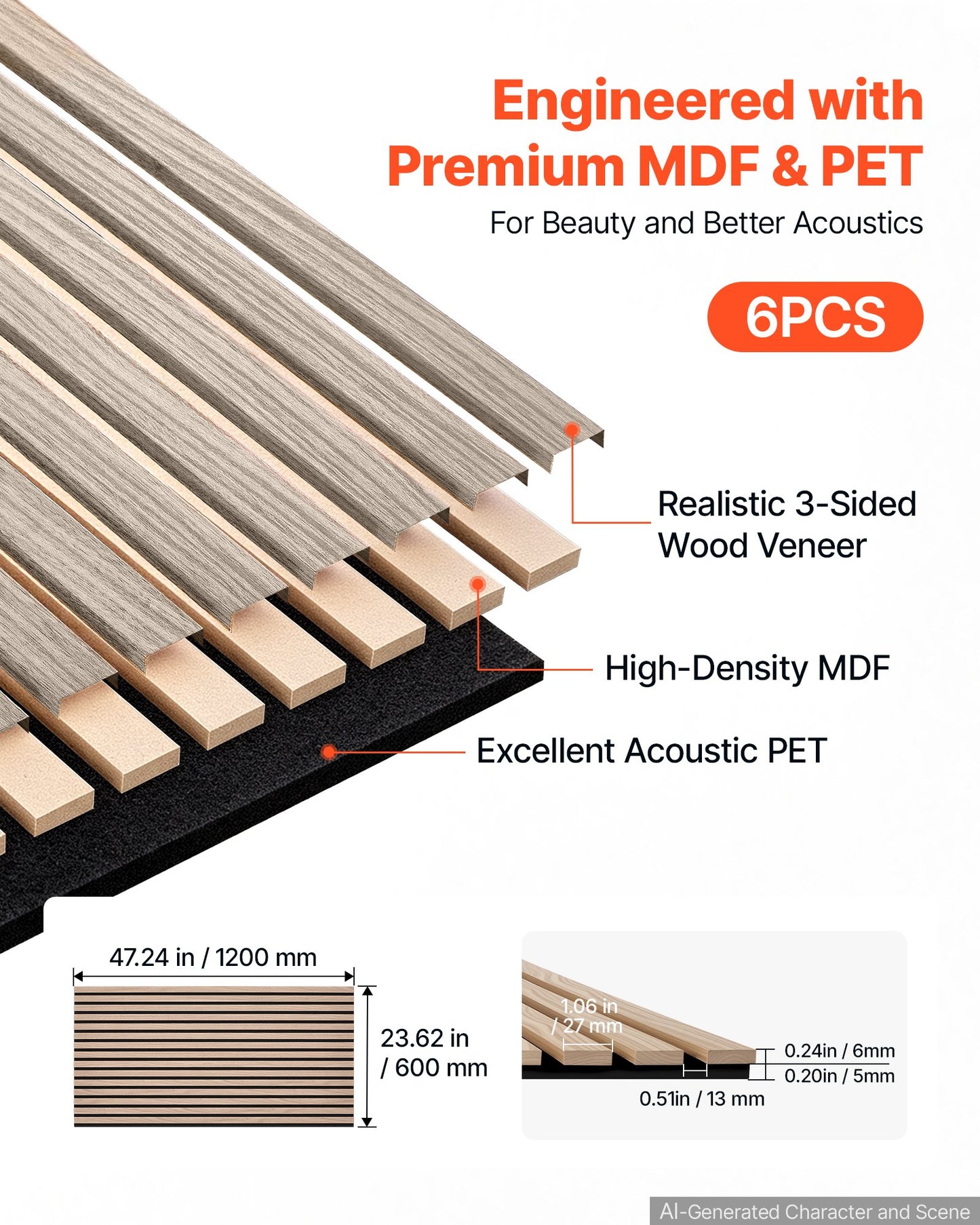 Wood Wall Panels, 1200 x 600 mm, Acoustic Slat Panels, Walnut, Sound Absorbing for Living Rooms, Bedrooms, Offices, Studios, Interior Wall Decor, MDF & PET Construction, Screw Kit, 6-Pack