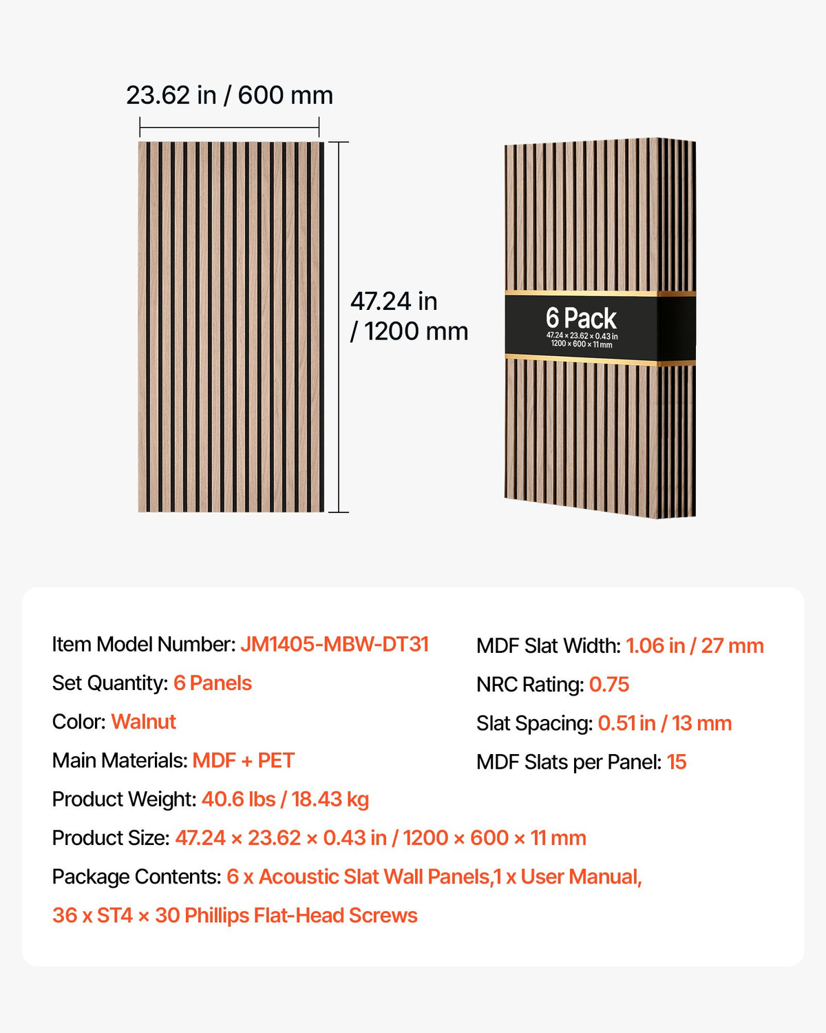 Wood Wall Panels, 1200 x 600 mm, Acoustic Slat Panels, Walnut, Sound Absorbing for Living Rooms, Bedrooms, Offices, Studios, Interior Wall Decor, MDF & PET Construction, Screw Kit, 6-Pack