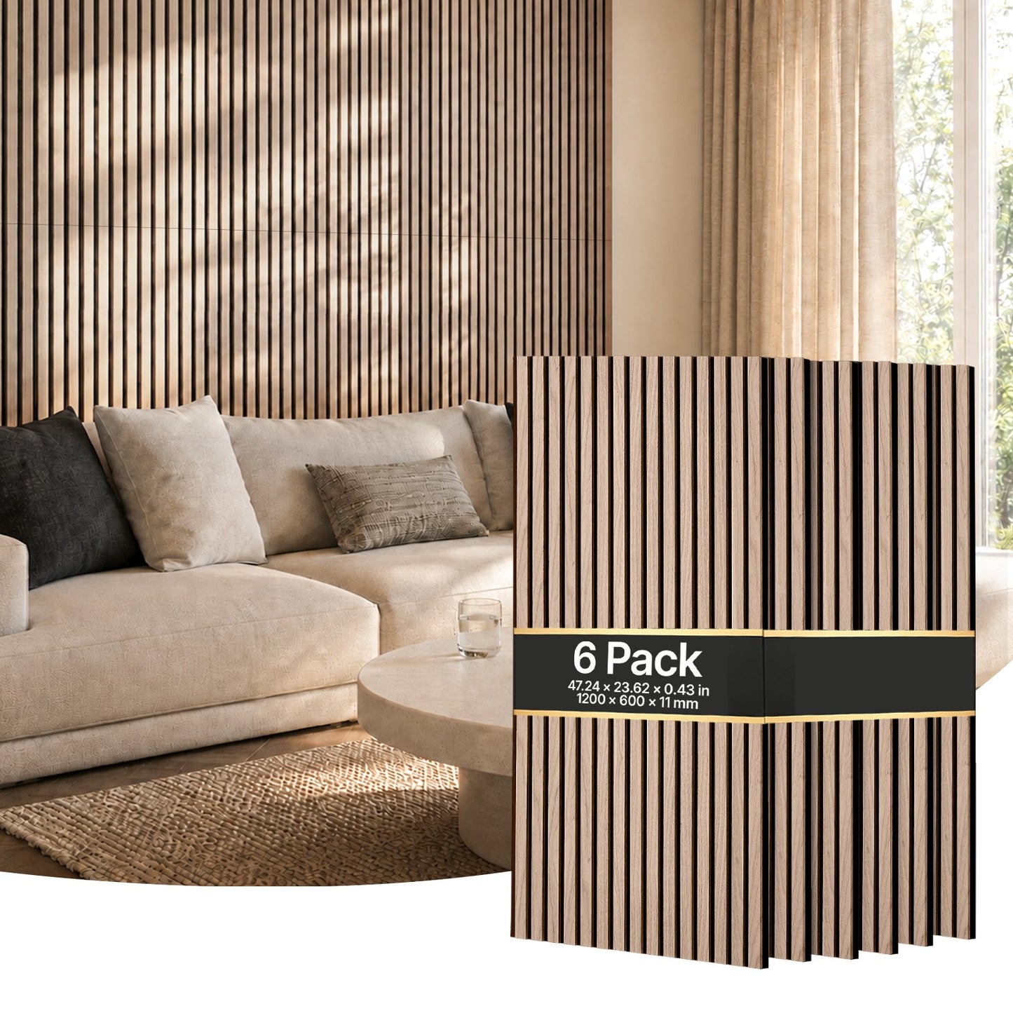 Wood Wall Panels, 1200 x 600 mm, Acoustic Slat Panels, Walnut, Sound Absorbing for Living Rooms, Bedrooms, Offices, Studios, Interior Wall Decor, MDF & PET Construction, Screw Kit, 6-Pack