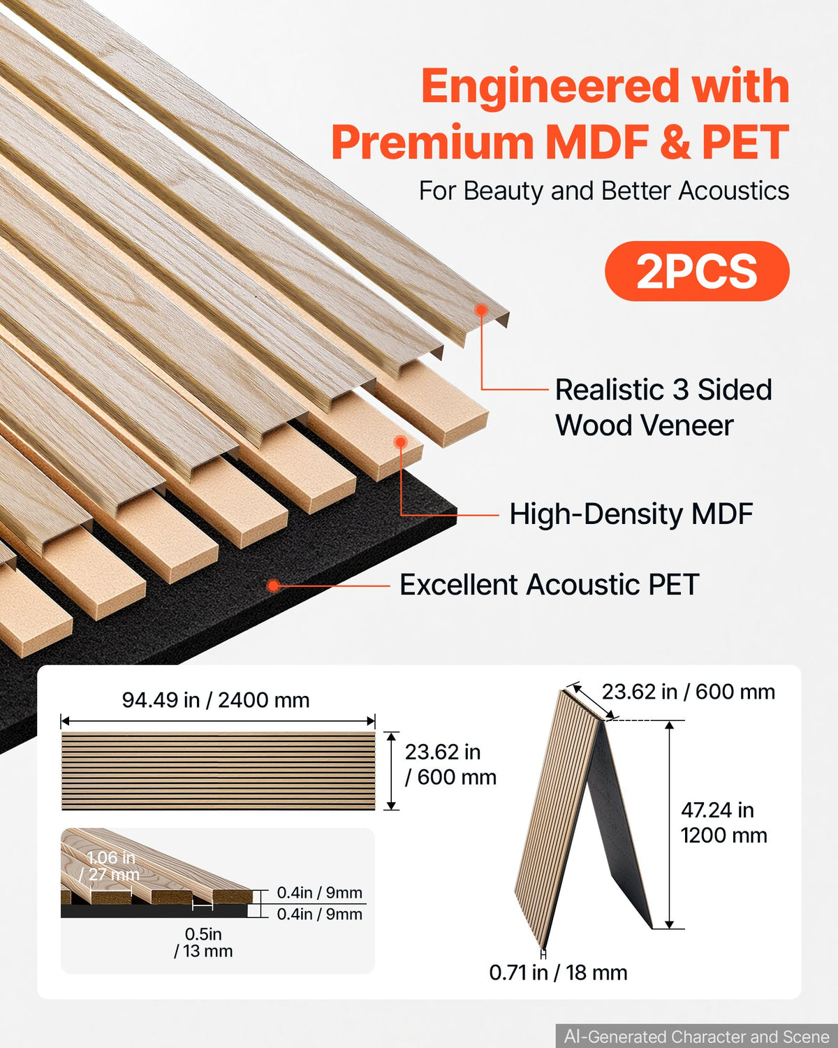 Wood Wall Panels, 2400 x 600 mm, Acoustic Slat Panels, Oak Finish, Sound Absorbing for Living Rooms, Bedrooms, Offices, Studios, Interior Wall Decor, MDF & PET Construction, Screw Kit, 2-Pack