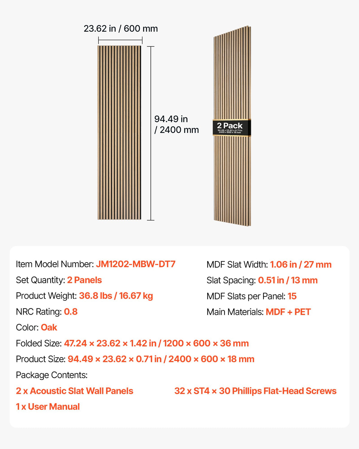 Wood Wall Panels, 2400 x 600 mm, Acoustic Slat Panels, Oak Finish, Sound Absorbing for Living Rooms, Bedrooms, Offices, Studios, Interior Wall Decor, MDF & PET Construction, Screw Kit, 2-Pack