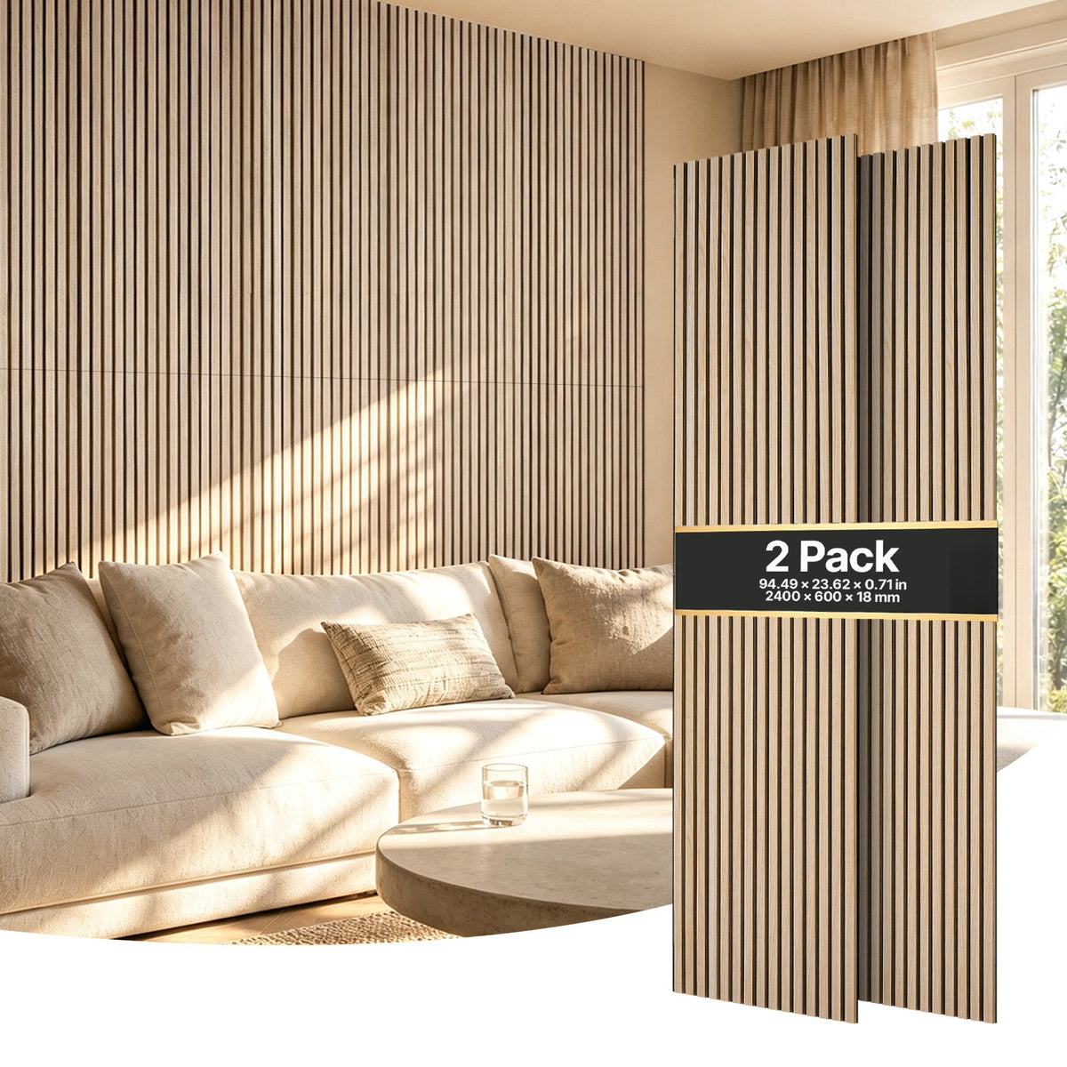 Wood Wall Panels, 2400 x 600 mm, Acoustic Slat Panels, Oak Finish, Sound Absorbing for Living Rooms, Bedrooms, Offices, Studios, Interior Wall Decor, MDF & PET Construction, Screw Kit, 2-Pack