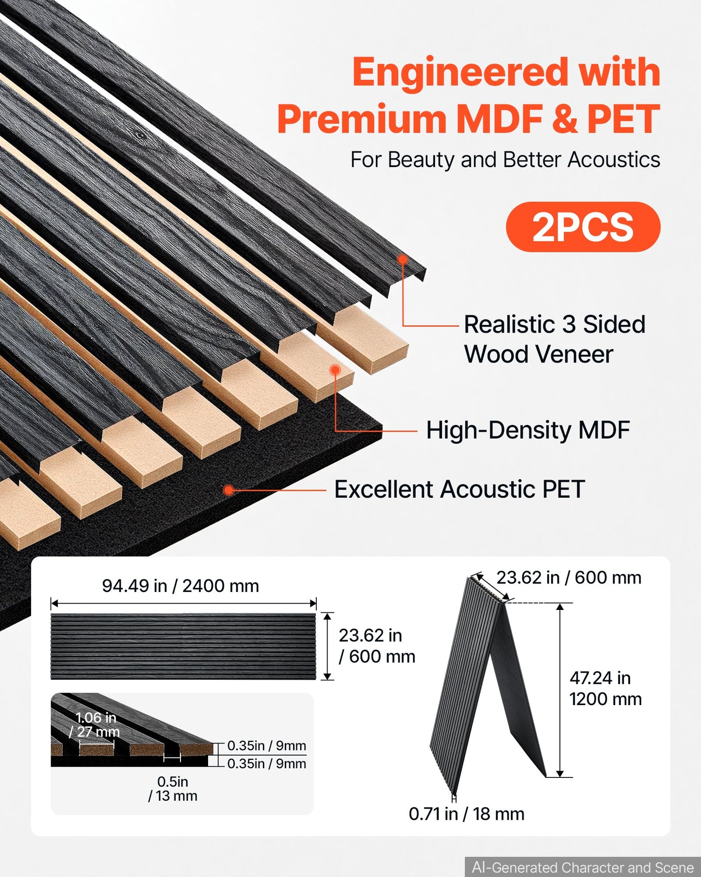 Wood Wall Panels, 2400 x 600 mm, Acoustic Slat Panels, Black Oak, Sound Absorbing for Living Rooms, Bedrooms, Offices, Studios, Interior Wall Decor, MDF & PET Construction, Screw Kit, 2-Pack