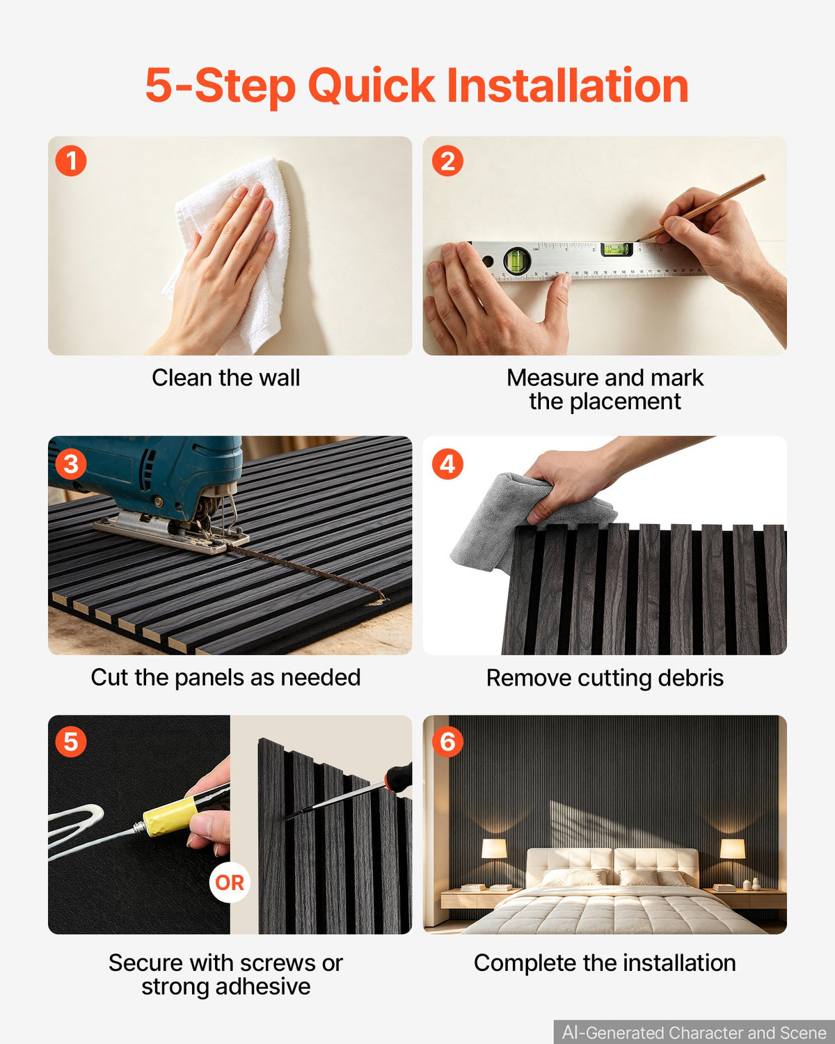 Wood Wall Panels, 2400 x 600 mm, Acoustic Slat Panels, Black Oak, Sound Absorbing for Living Rooms, Bedrooms, Offices, Studios, Interior Wall Decor, MDF & PET Construction, Screw Kit, 2-Pack