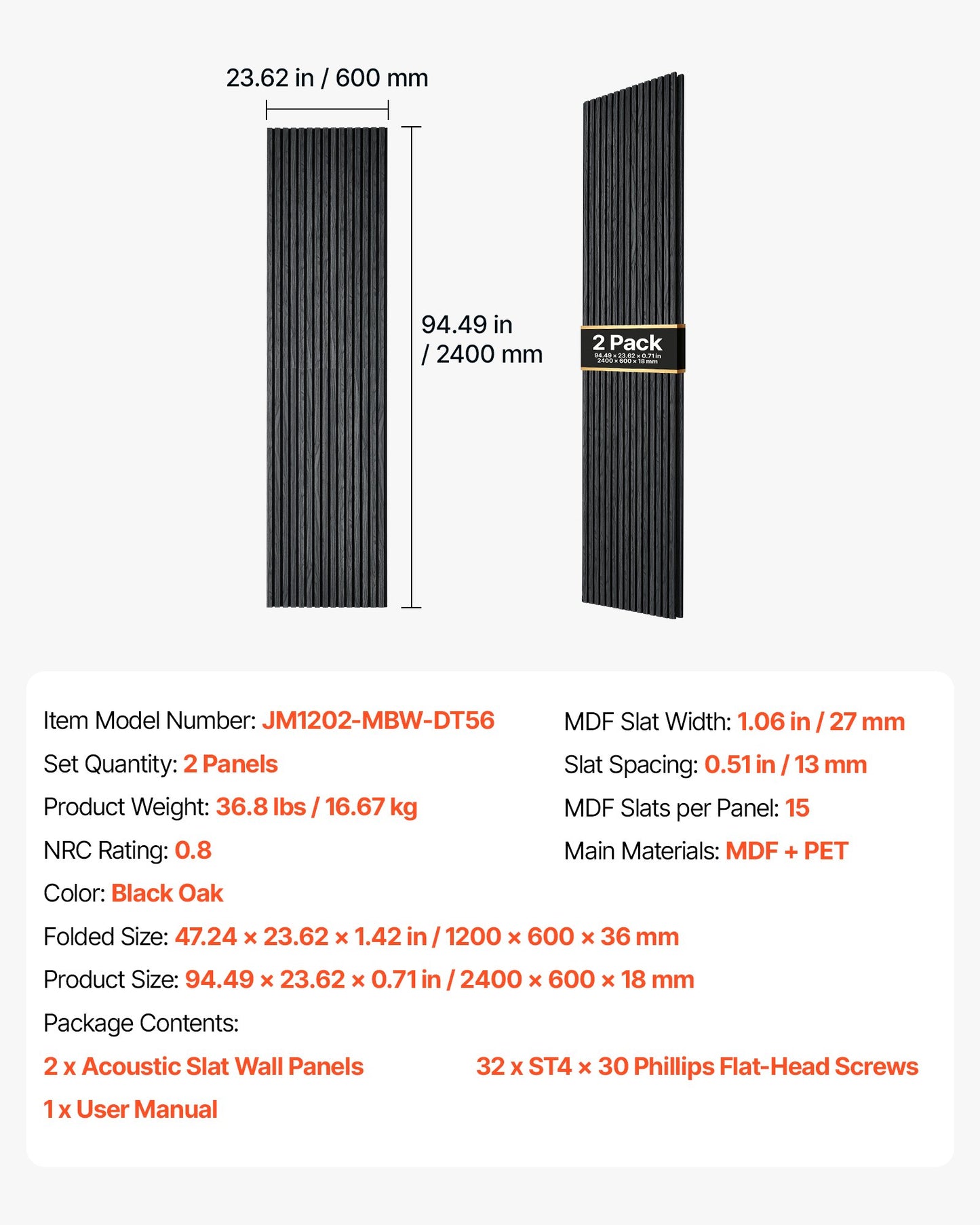 Wood Wall Panels, 2400 x 600 mm, Acoustic Slat Panels, Black Oak, Sound Absorbing for Living Rooms, Bedrooms, Offices, Studios, Interior Wall Decor, MDF & PET Construction, Screw Kit, 2-Pack